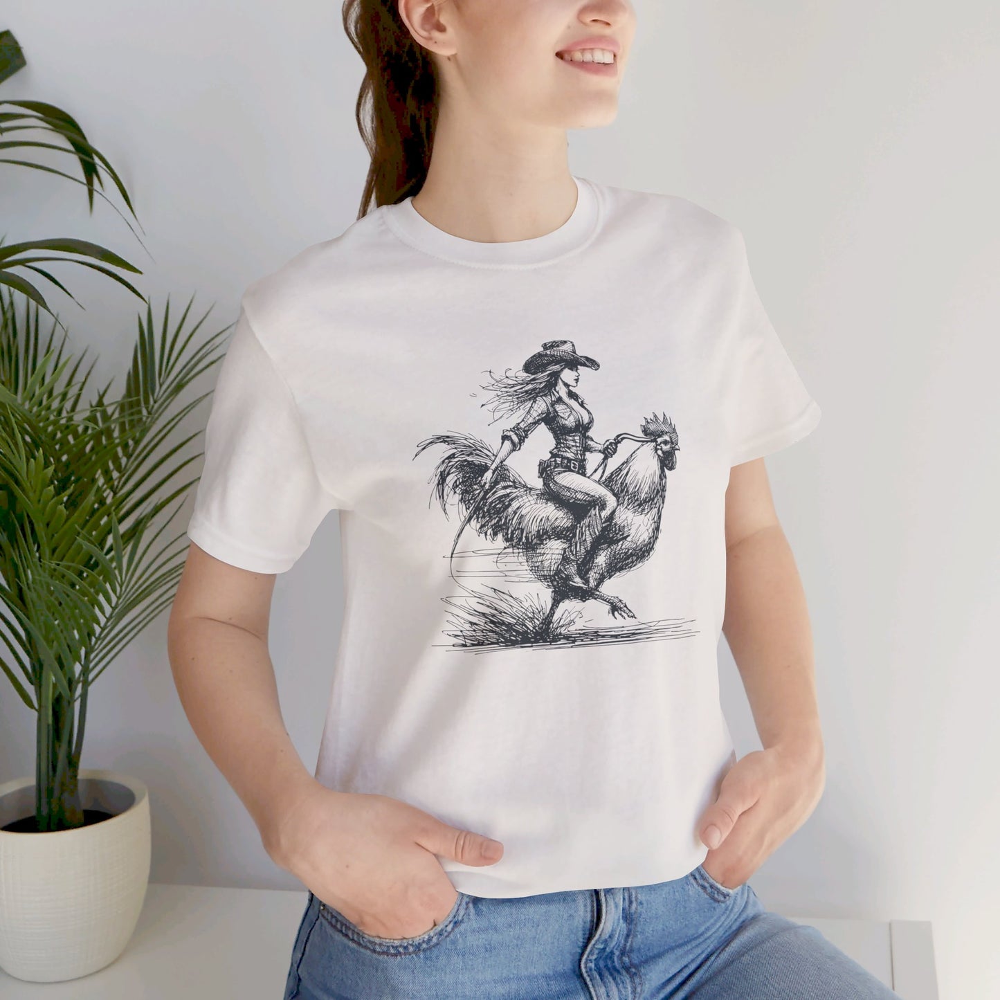 Scribble Style: Bella Canvas T-shirt with Cowgirl on Rooster