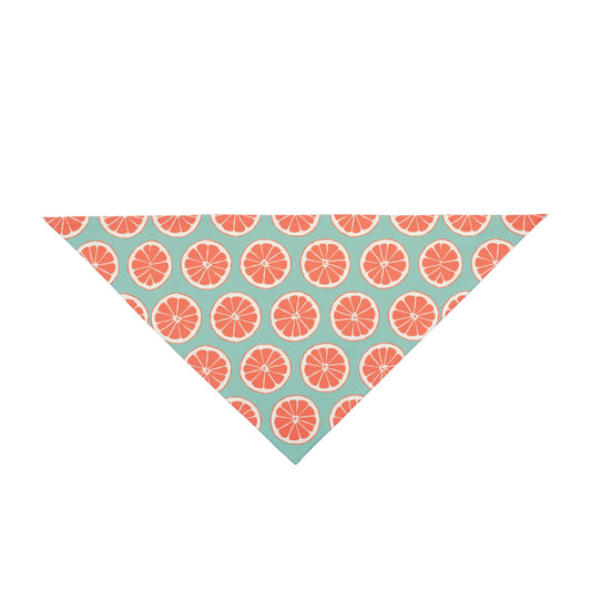 Bring a burst of summer to your dog's style with our Summer Citrus Dog Bandana/Wild Rag. Featuring grapefruit on a pastel duck egg color background, this design adds a refreshing touch. Crafted from soft-spun polyester, this wild rag ensures comfort and style, making it perfect for sunny adventures. Exclusively available at Eliza Singer.