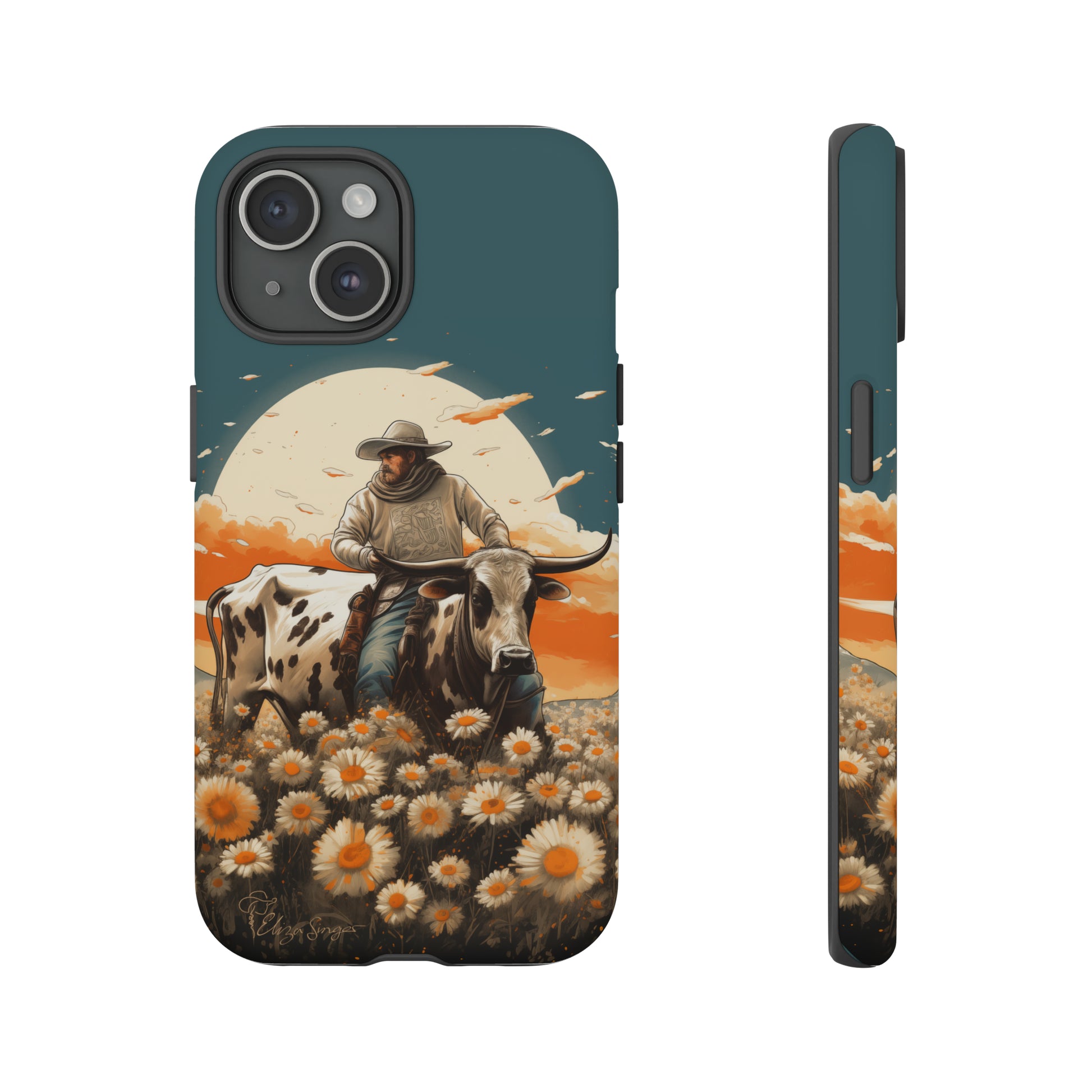 Harmony of Contrasts: Dive into our Tough Cell Phone Case, a visual symphony featuring a bullrider on a black and white dairy cow amidst a vibrant field of flowers. This edition effortlessly merges toughness with artistic flair, offering a unique and captivating contrast. Elevate your phone with rugged elegance. #ElizaSinger #PhoneCase #ContrastHarmony