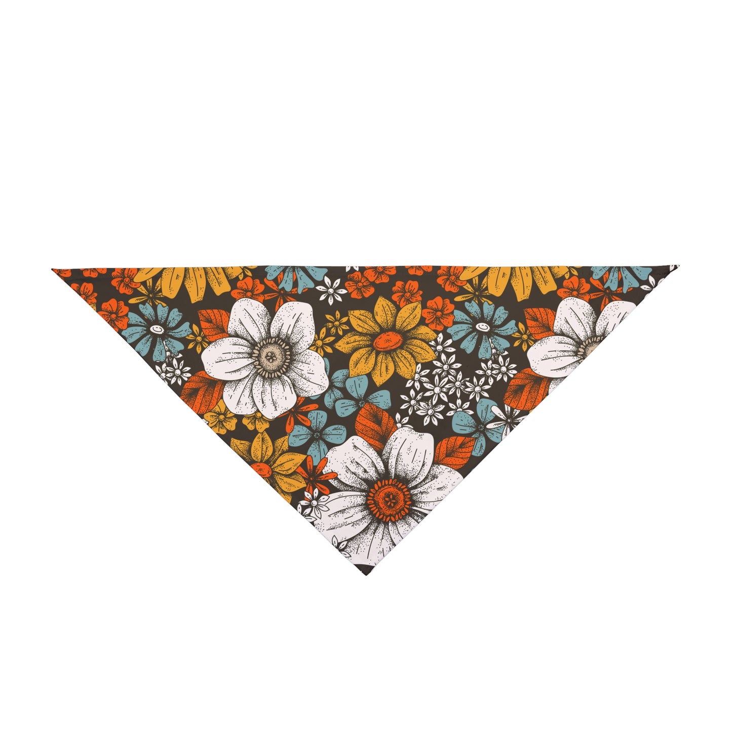 Transform your dog's look with our Illustrated Blooms Dog Bandana/Wild Rag. The illustration-style flowers in white, mustard, turquoise, and red on a black background create a captivating and artistic vibe. Crafted from soft-spun polyester, this wild rag ensures comfort and style. Elevate your pup's fashion game with this exclusive design, available only at Eliza Singer.