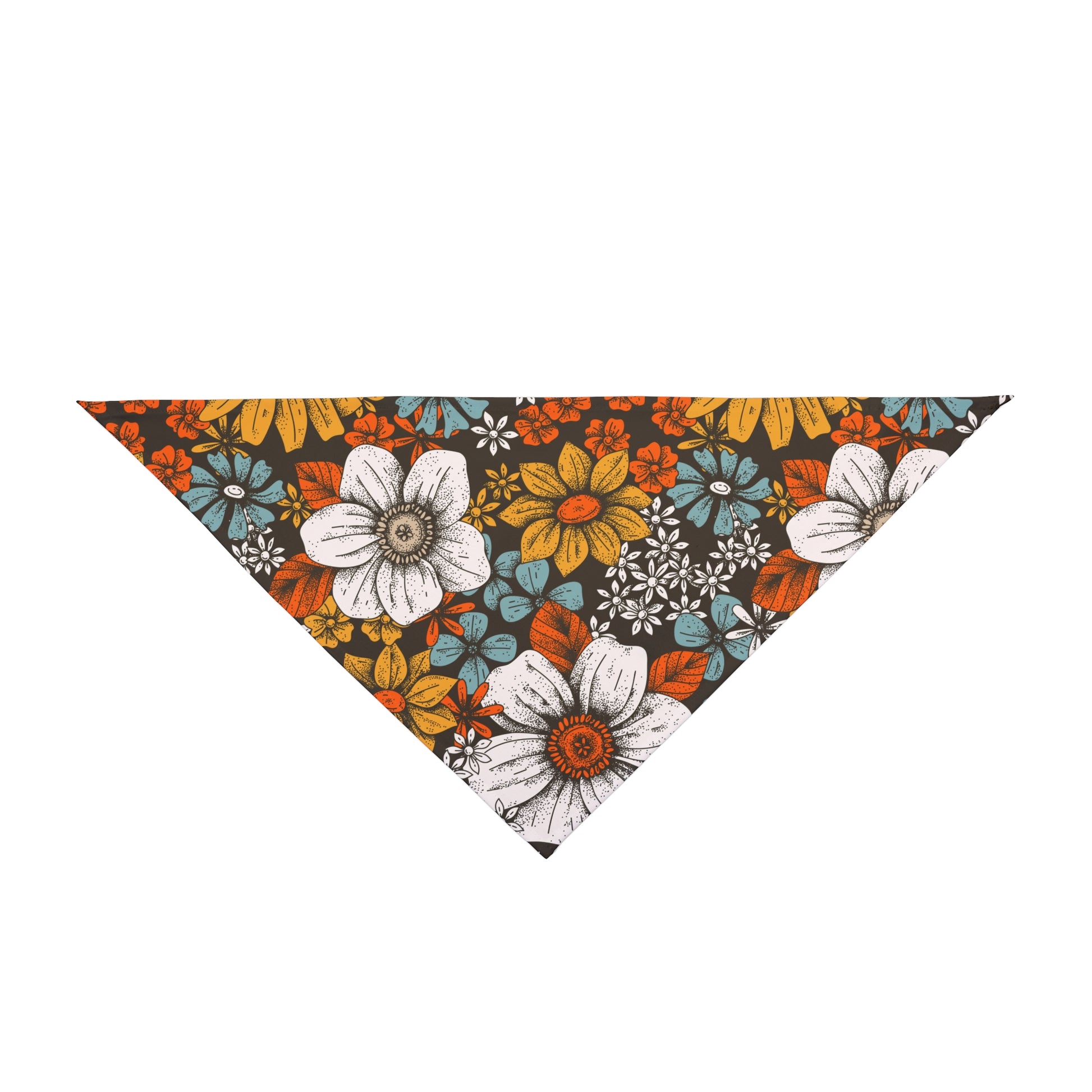 Transform your dog's look with our Illustrated Blooms Dog Bandana/Wild Rag. The illustration-style flowers in white, mustard, turquoise, and red on a black background create a captivating and artistic vibe. Crafted from soft-spun polyester, this wild rag ensures comfort and style. Elevate your pup's fashion game with this exclusive design, available only at Eliza Singer.