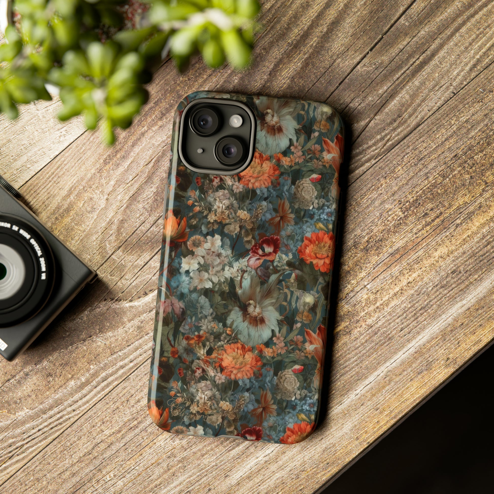 Blooms in Shadows: Botany Floral Dark Flowers iPhone Tough Protective Cover. A captivating blend of Flowers in muted colors, compatible with iPhone 15, 14, 13, XS, XR Pro/Max/Mini/P/Plus. Unleash Nature's Elegance with Durability and Style. #ElizaSinger #PhoneCase #FloralDesign
