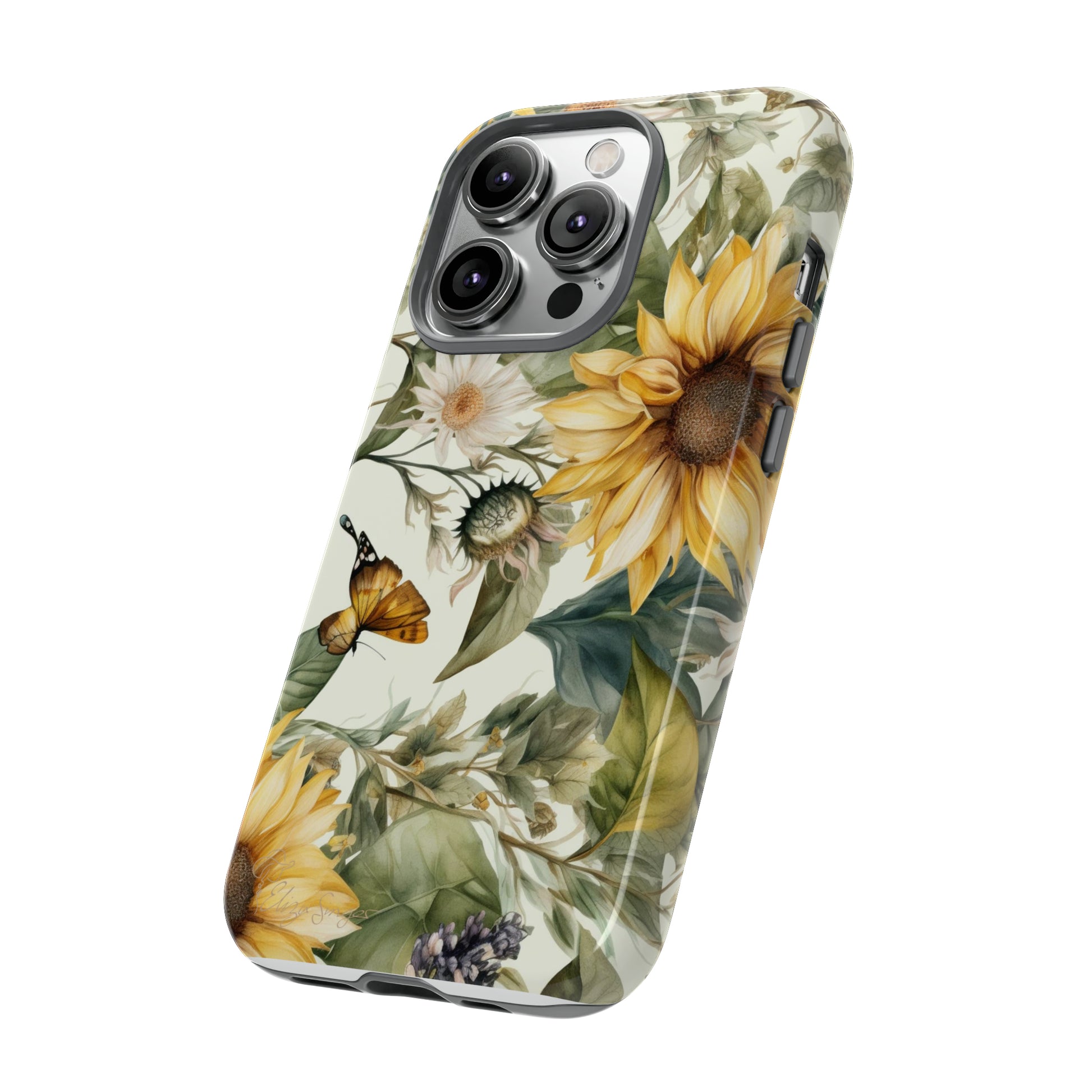 Bask in Sunshine: Beautiful Sunflower Floral iPhone Tough Protective Cover. A charming blend of Flower and Sunflowers in a cottage core style, compatible with iPhone 15, 14, 13, XS, XR Pro/Max/Mini/P/Plus. Elevate Your Device with Nature's Beauty and Durability. #ElizaSinger #PhoneCase #FloralDesign 