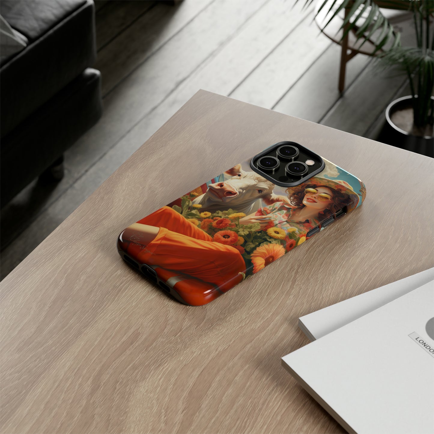Timeless Retro Charm: Step back in time with our Tough Western Cell Phone Case. Featuring a vintage and bright design, a woman in a hat with daisies is accompanied by a cow looking over her shoulder. Experience the perfect blend of retro aesthetics and durability. Elevate your style with a touch of nostalgia. #ElizaSinger #PhoneCase #RetroStyle 