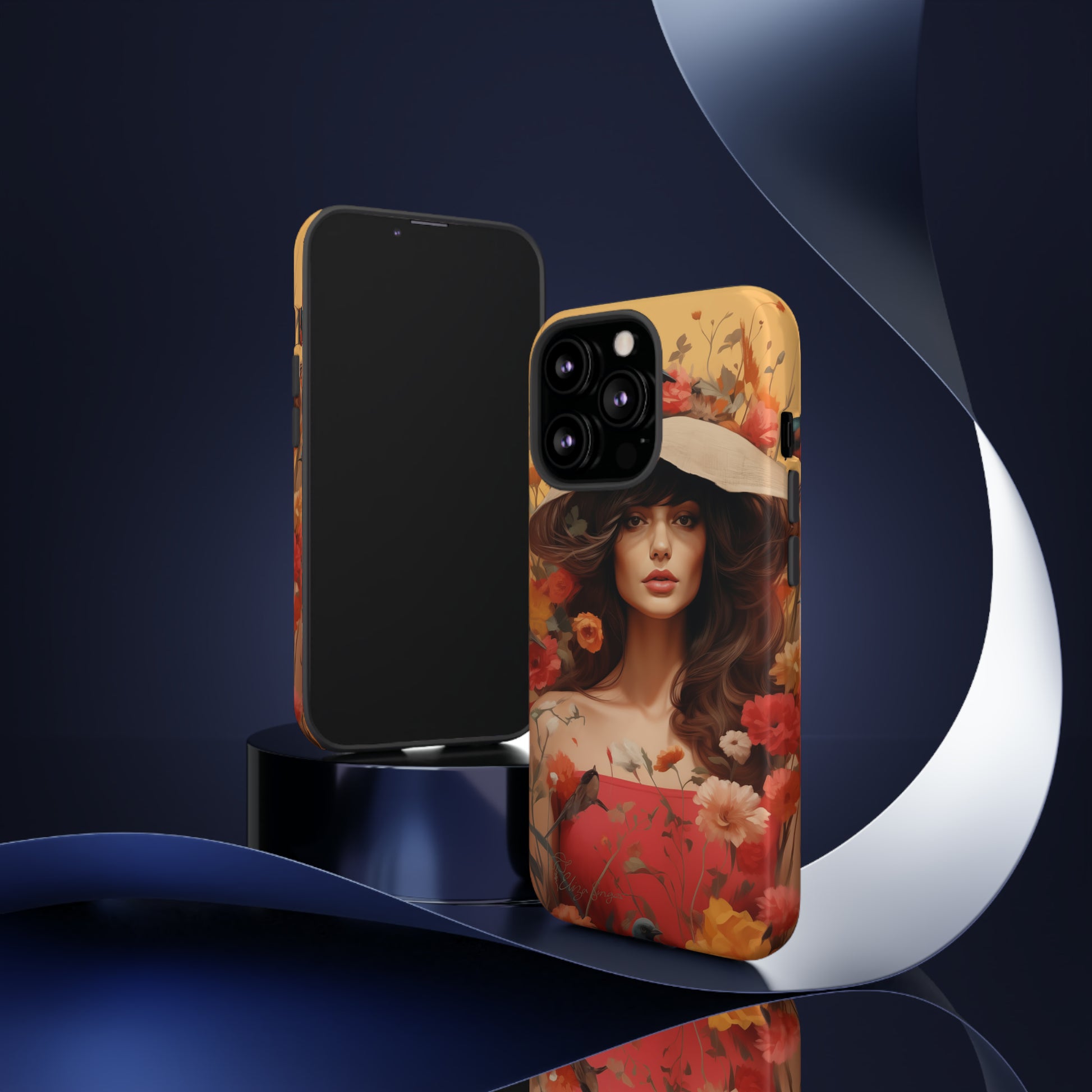 Bask in Sunshine: Embrace the warmth with our Tough Cell Phone Case. A yellow backdrop and a woman in a hat surrounded by flowers create a radiant design. Experience the perfect blend of style and protection, bringing sunshine into your everyday. Elevate your phone with a burst of brightness. #ElizaSinger #PhoneCase #SunshineRadiance