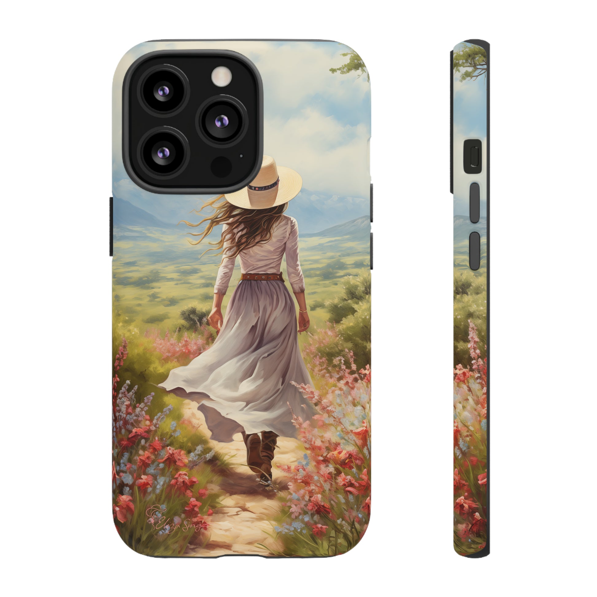 Step into a world of whimsy with our Tough Western Cell Phone Case showcasing a woman in a skirt and hat walking down a small path through a vast field. Delight in the beauty of flowers lining the path while ensuring your phone stays protected with this enchanting edition.