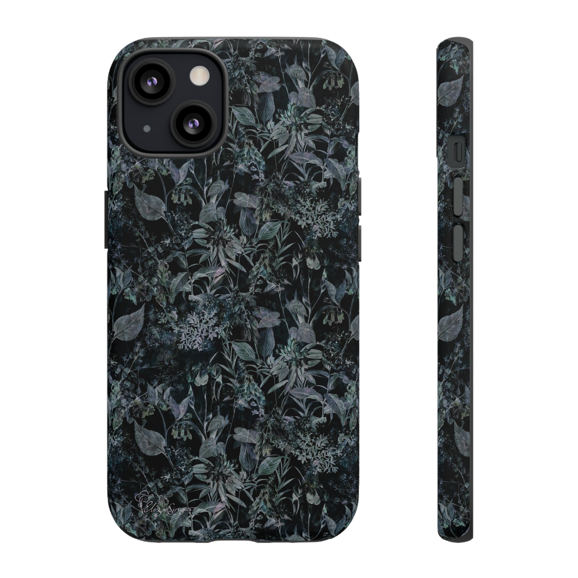 Blossom in Style: Botany Floral Dark Flowers Blue Denim iPhone Tough Protective Cover. This case features a Flower and Muted Grey Design, compatible with iPhone 15, 14, 13, XS, XR Pro/Max/Mini/P/Plus. Unleash Nature's Beauty with Style and Durability. #ElizaSinger #PhoneCase #FloralDesign