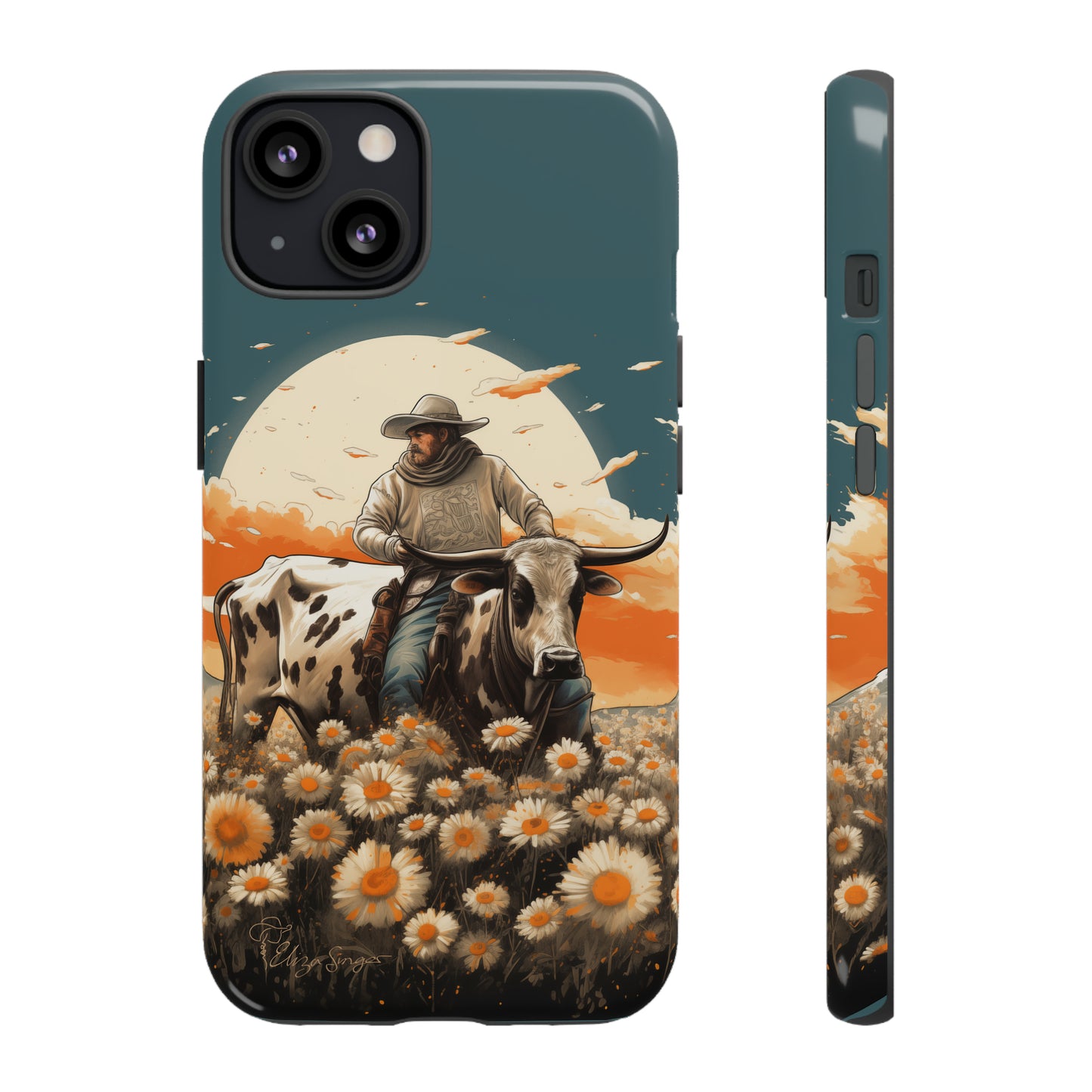 Harmony of Contrasts: Dive into our Tough Cell Phone Case, a visual symphony featuring a bullrider on a black and white dairy cow amidst a vibrant field of flowers. This edition effortlessly merges toughness with artistic flair, offering a unique and captivating contrast. Elevate your phone with rugged elegance. #ElizaSinger #PhoneCase #ContrastHarmony