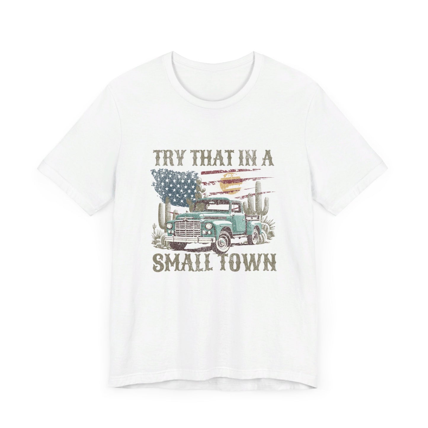Small Town Pride: Bella Canvas T-shirt with Vintage Pickup and Flag