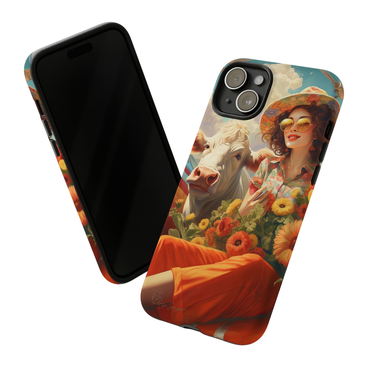 Timeless Retro Charm: Step back in time with our Tough Western Cell Phone Case. Featuring a vintage and bright design, a woman in a hat with daisies is accompanied by a cow looking over her shoulder. Experience the perfect blend of retro aesthetics and durability. Elevate your style with a touch of nostalgia. #ElizaSinger #PhoneCase #RetroStyle 