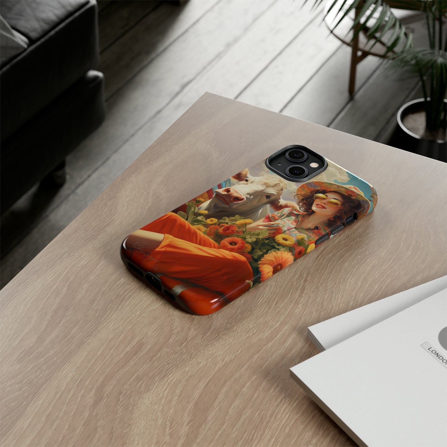 Timeless Retro Charm: Step back in time with our Tough Western Cell Phone Case. Featuring a vintage and bright design, a woman in a hat with daisies is accompanied by a cow looking over her shoulder. Experience the perfect blend of retro aesthetics and durability. Elevate your style with a touch of nostalgia. #ElizaSinger #PhoneCase #RetroStyle 