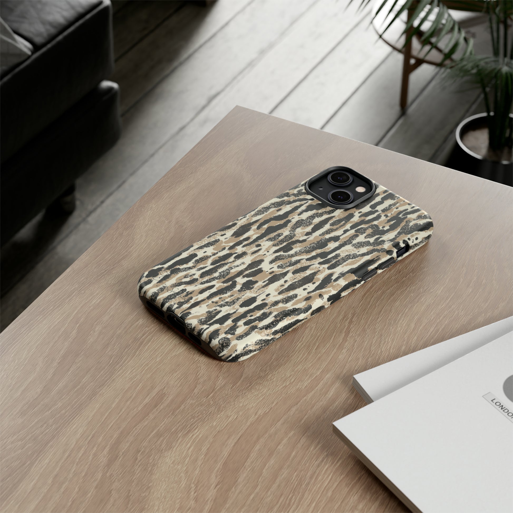 Elevate Your Tech: Abstract Neutral Animal Print iPhone Tough Protective Cover. Leopard-Painted Design in Beige and Black. Compatible with iPhone 15, 14, 13, XS, XR Pro/Max/Mini/P/Plus. Unleash the Wild with Style and Durability. #ElizaSinger #PhoneCase #LeopardPrint 