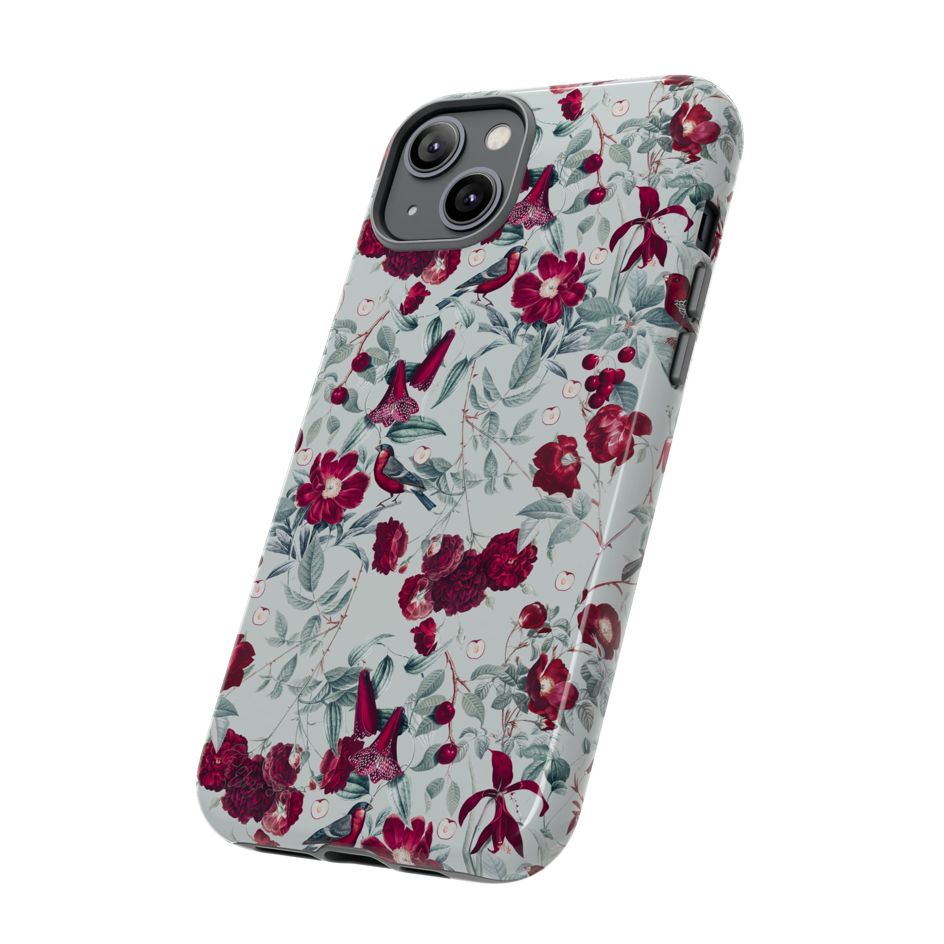 Cherry Blossom Serenade: Cherish nature's beauty with 'Cherry Blossom Serenade.' This iPhone case features flowers and burgundy birds on a blue background, creating a captivating floral wildlife bird and flower design. Elevate your device with this enchanting and stylish protective cover. #ElizaSinger #PhoneCase #FloralDesign