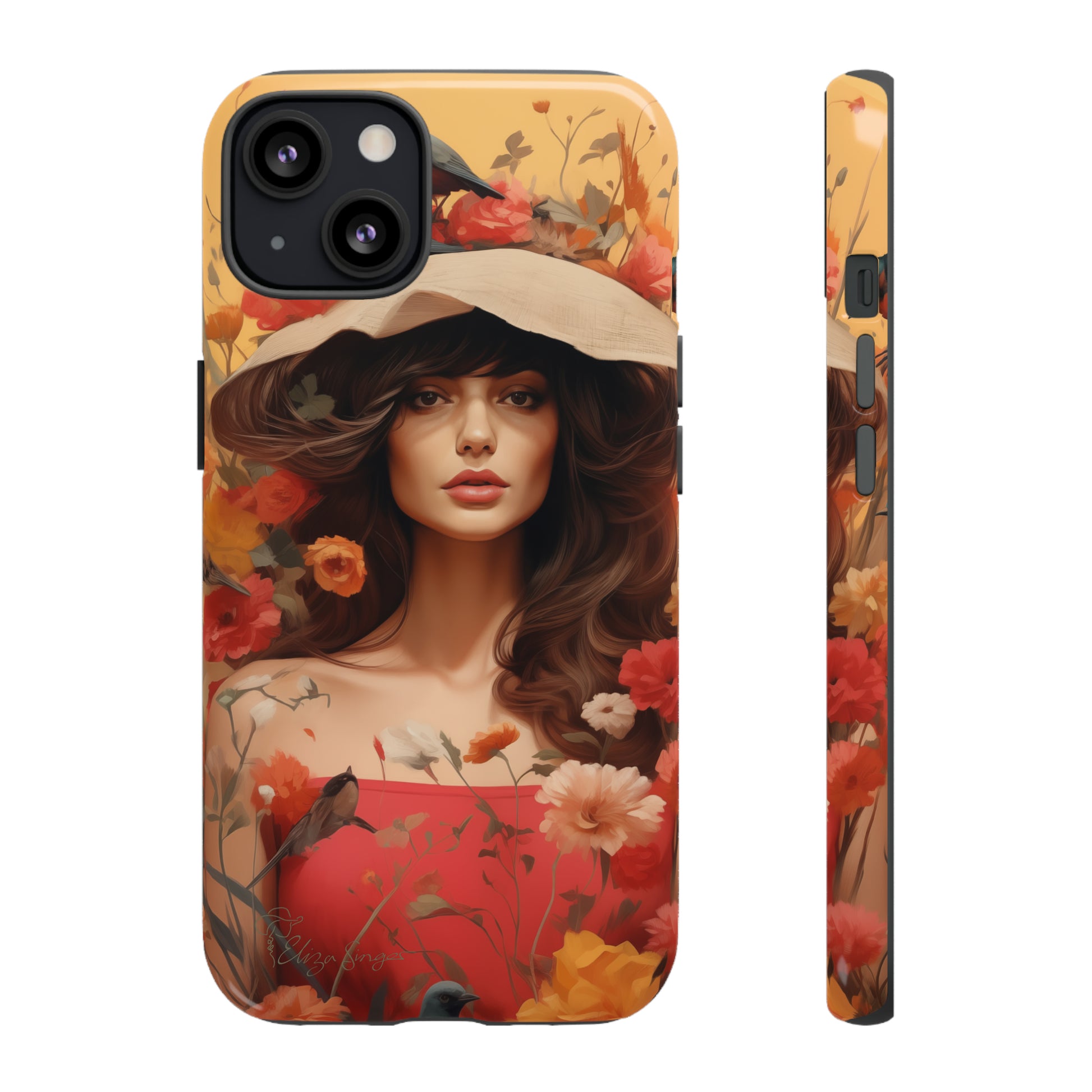 Bask in Sunshine: Embrace the warmth with our Tough Cell Phone Case. A yellow backdrop and a woman in a hat surrounded by flowers create a radiant design. Experience the perfect blend of style and protection, bringing sunshine into your everyday. Elevate your phone with a burst of brightness. #ElizaSinger #PhoneCase #SunshineRadiance