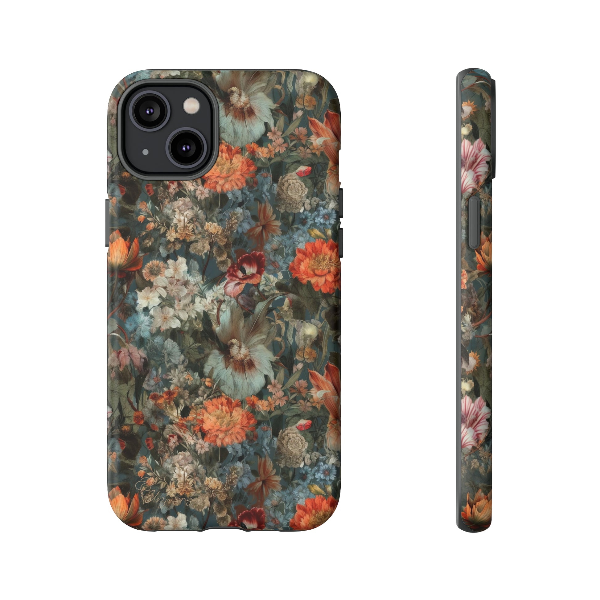 Blooms in Shadows: Botany Floral Dark Flowers iPhone Tough Protective Cover. A captivating blend of Flowers in muted colors, compatible with iPhone 15, 14, 13, XS, XR Pro/Max/Mini/P/Plus. Unleash Nature's Elegance with Durability and Style. #ElizaSinger #PhoneCase #FloralDesign