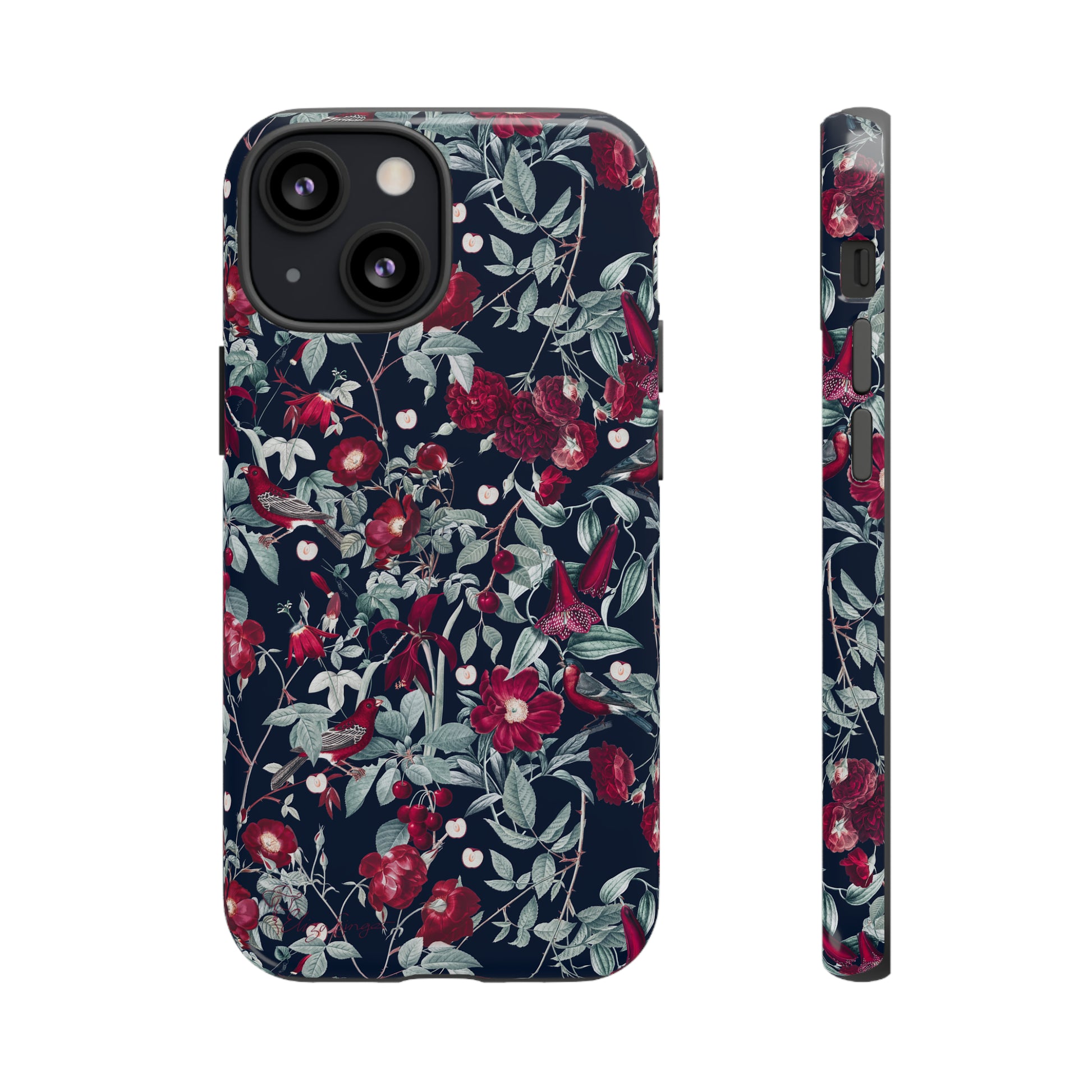 Blossom Serenade: Cherry Blossom Serenade Burgundy Navy Dark iPhone Tough Protective Cover. A captivating blend of Flowers in burgundy and navy hues, featuring a muted design. Compatible with iPhone 15, 14, 13, XS, XR Pro/Max/Mini/P/Plus. Elevate your device with this enchanting and stylish protective cover. #ElizaSinger #PhoneCase #FloralDesign