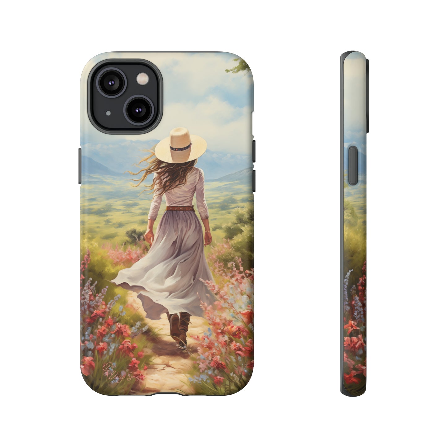Embrace Whimsical Protection: Tough Western Cell Phone Case by Eliza Singer. Step into a World of Enchantment with a Stylish Woman Amidst Nature's Beauty. Safeguard Your Phone with Artistic Charm. #ElizaSinger #PhoneCase #WesternStyle 