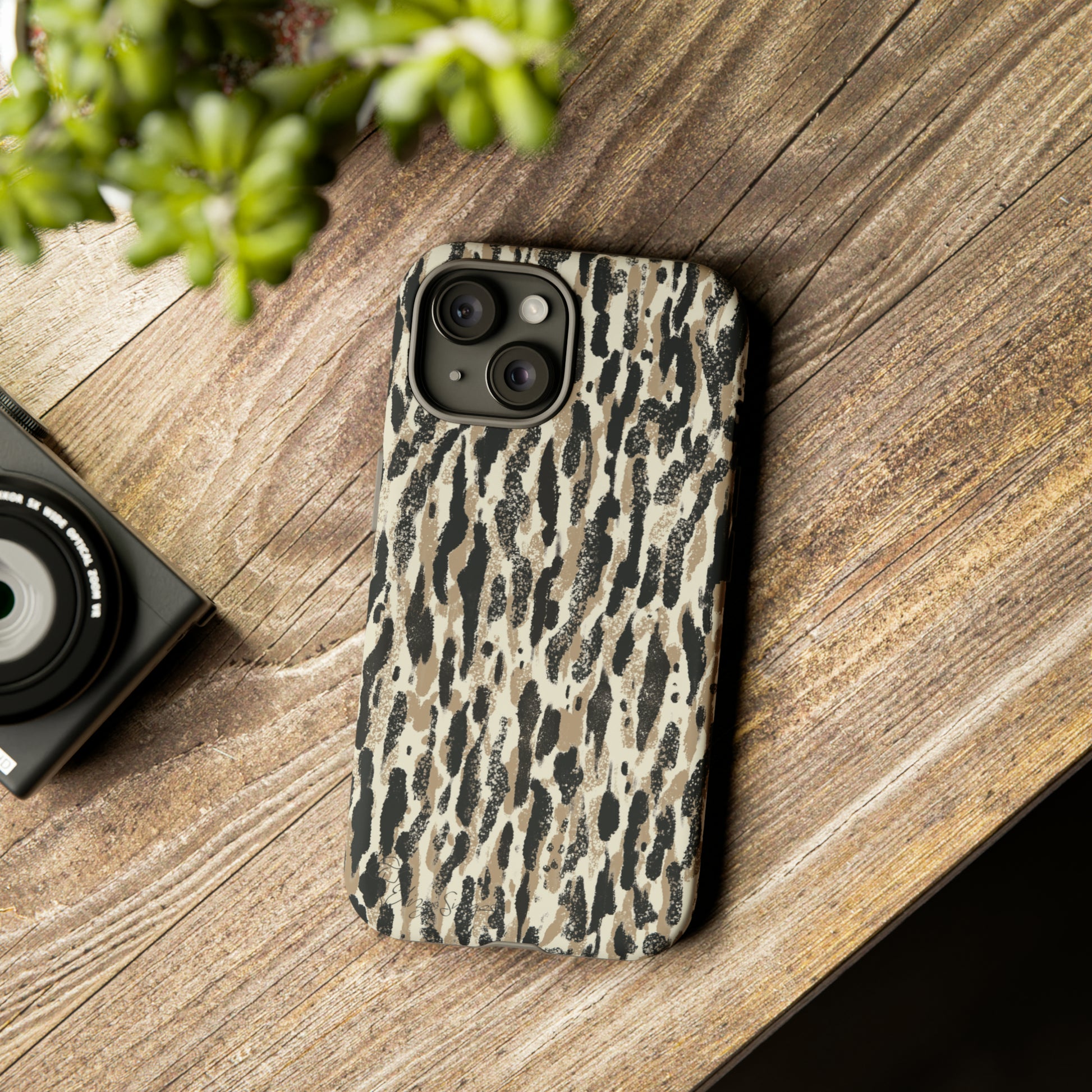 Elevate Your Tech: Abstract Neutral Animal Print iPhone Tough Protective Cover. Leopard-Painted Design in Beige and Black. Compatible with iPhone 15, 14, 13, XS, XR Pro/Max/Mini/P/Plus. Unleash the Wild with Style and Durability. #ElizaSinger #PhoneCase #LeopardPrint 