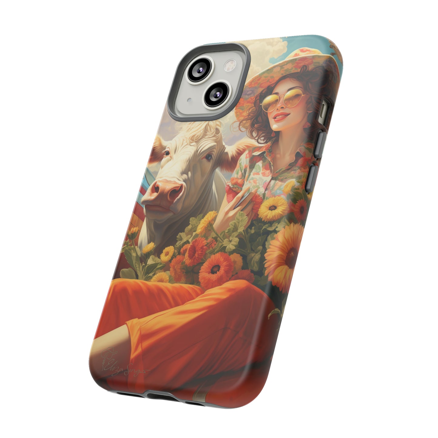Timeless Retro Charm: Step back in time with our Tough Western Cell Phone Case. Featuring a vintage and bright design, a woman in a hat with daisies is accompanied by a cow looking over her shoulder. Experience the perfect blend of retro aesthetics and durability. Elevate your style with a touch of nostalgia. #ElizaSinger #PhoneCase #RetroStyle 