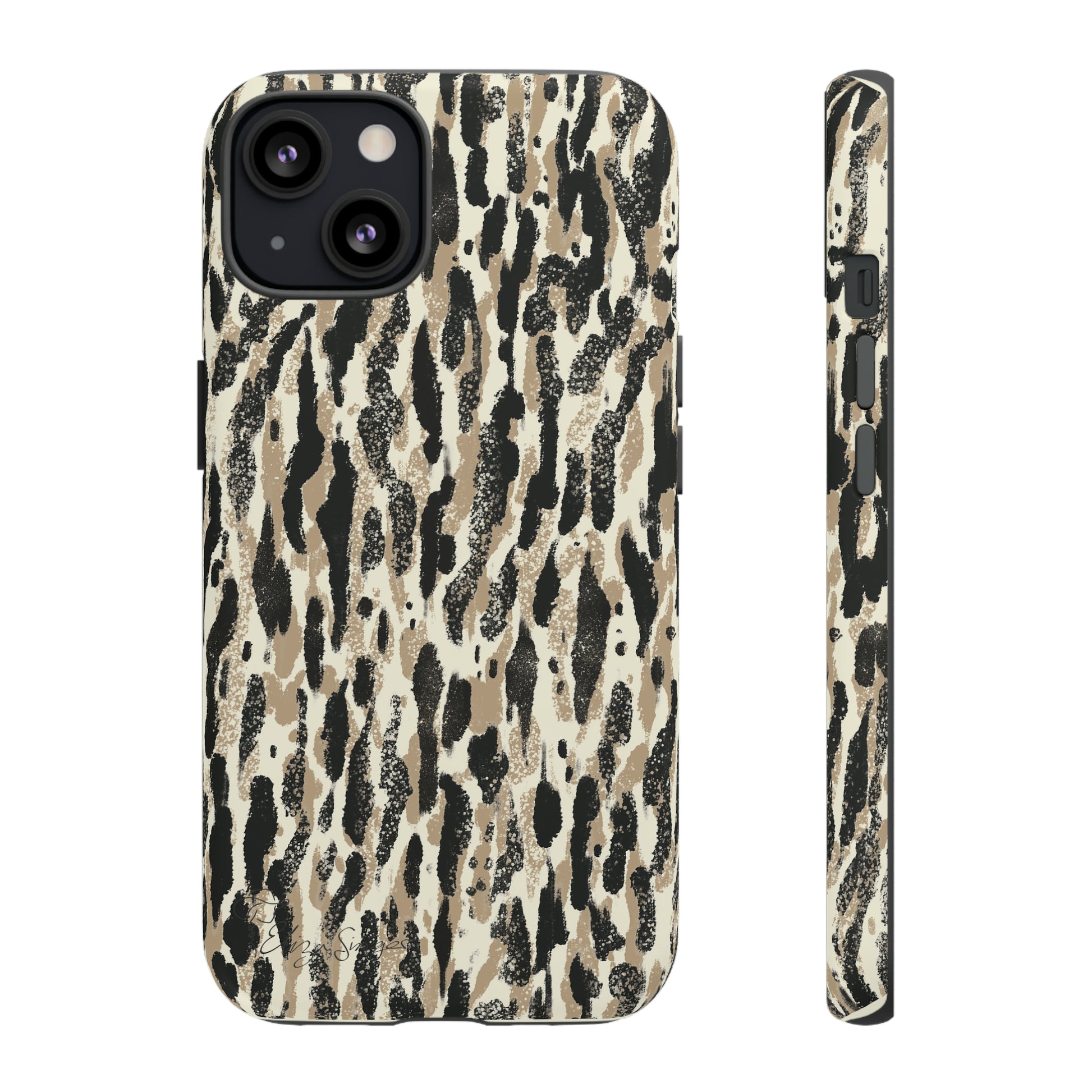 Elevate Your Tech: Abstract Neutral Animal Print iPhone Tough Protective Cover. Leopard-Painted Design in Beige and Black. Compatible with iPhone 15, 14, 13, XS, XR Pro/Max/Mini/P/Plus. Unleash the Wild with Style and Durability. #ElizaSinger #PhoneCase #LeopardPrint 