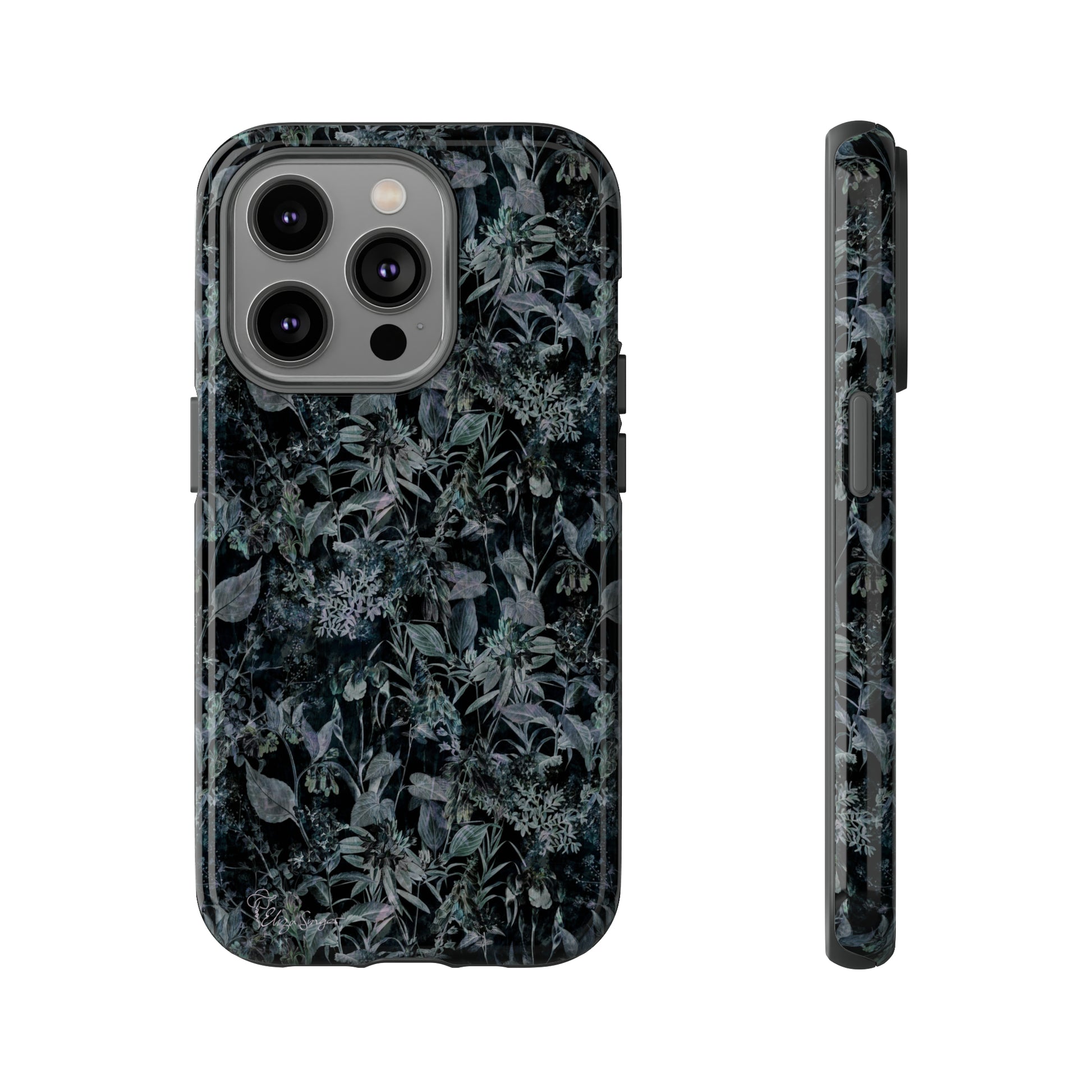 Blossom in Style: Botany Floral Dark Flowers Blue Denim iPhone Tough Protective Cover. This case features a Flower and Muted Grey Design, compatible with iPhone 15, 14, 13, XS, XR Pro/Max/Mini/P/Plus. Unleash Nature's Beauty with Style and Durability. #ElizaSinger #PhoneCase #FloralDesign