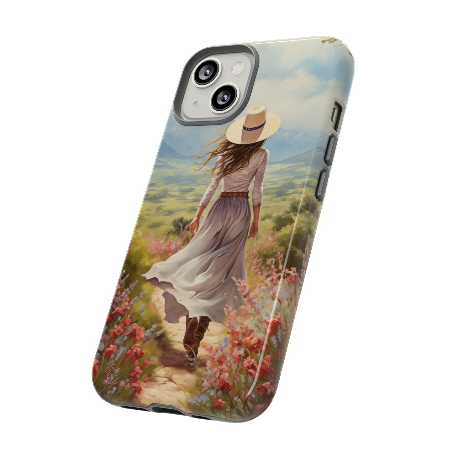 Embrace Whimsical Protection: Tough Western Cell Phone Case by Eliza Singer. Step into a World of Enchantment with a Stylish Woman Amidst Nature's Beauty. Safeguard Your Phone with Artistic Charm. #ElizaSinger #PhoneCase #WesternStyle 