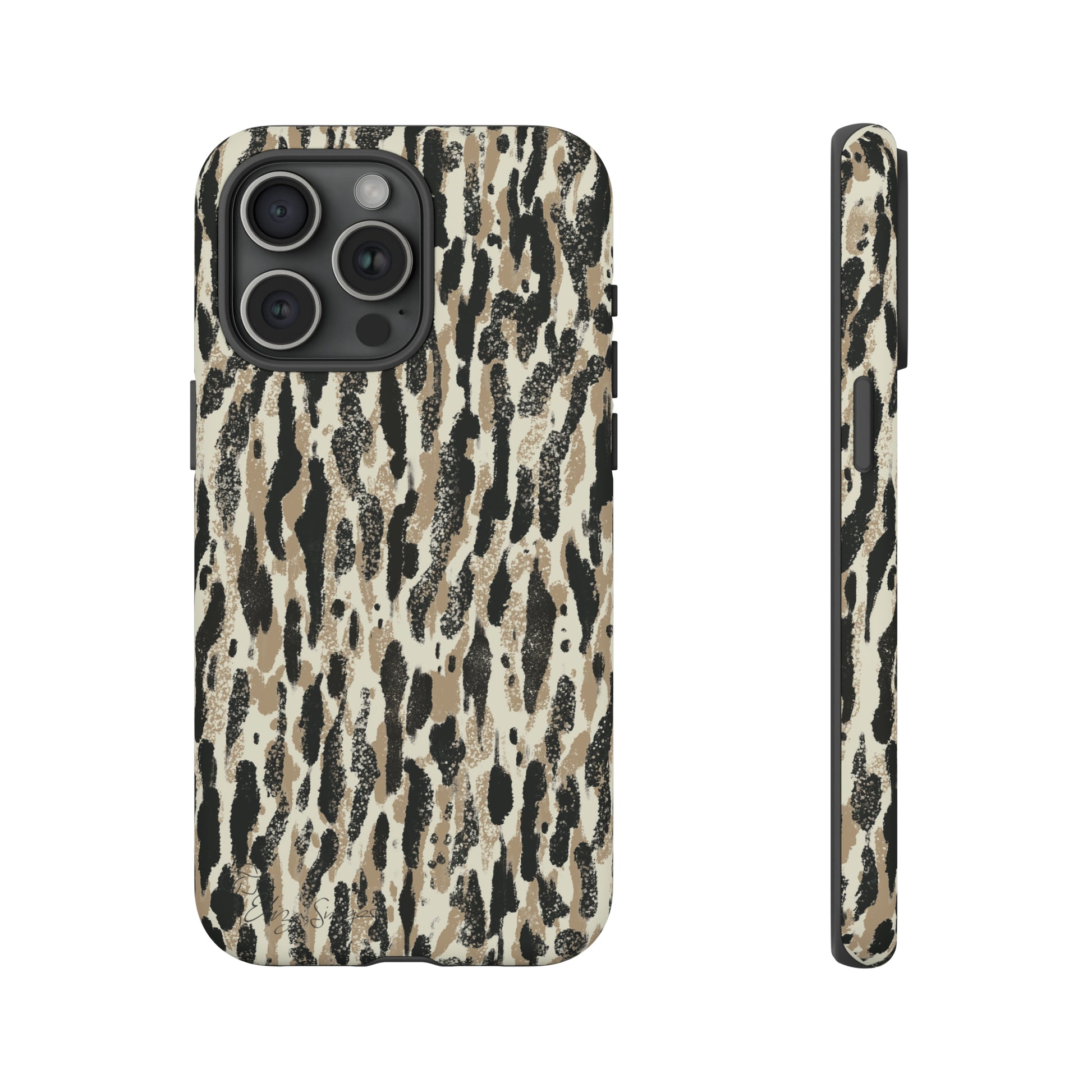 Elevate Your Tech: Abstract Neutral Animal Print iPhone Tough Protective Cover. Leopard-Painted Design in Beige and Black. Compatible with iPhone 15, 14, 13, XS, XR Pro/Max/Mini/P/Plus. Unleash the Wild with Style and Durability. #ElizaSinger #PhoneCase #LeopardPrint 