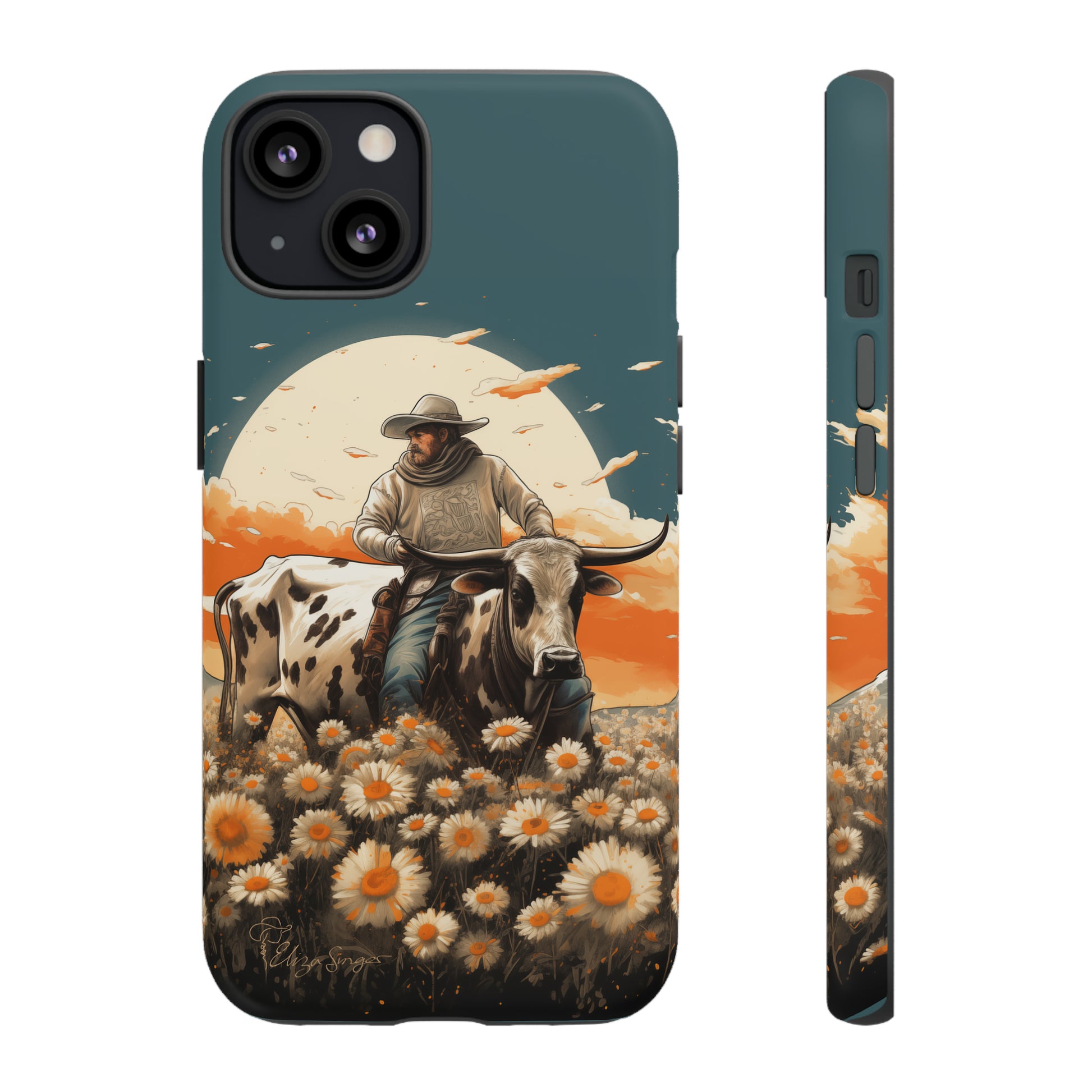 Harmony of Contrasts: Dive into our Tough Cell Phone Case, a visual symphony featuring a bullrider on a black and white dairy cow amidst a vibrant field of flowers. This edition effortlessly merges toughness with artistic flair, offering a unique and captivating contrast. Elevate your phone with rugged elegance. #ElizaSinger #PhoneCase #ContrastHarmony