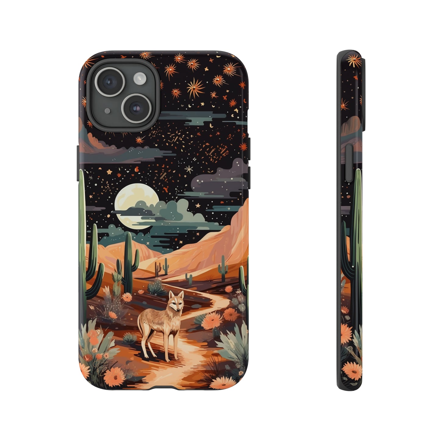 Unveiling our Tough Western Cell Phone Case: Stellar Desert Jackal Edition! Embrace the beauty of the night with a jackal in a desert landscape, under a starry sky, surrounded by cacti. This case provides rugged protection with a touch of celestial elegance.