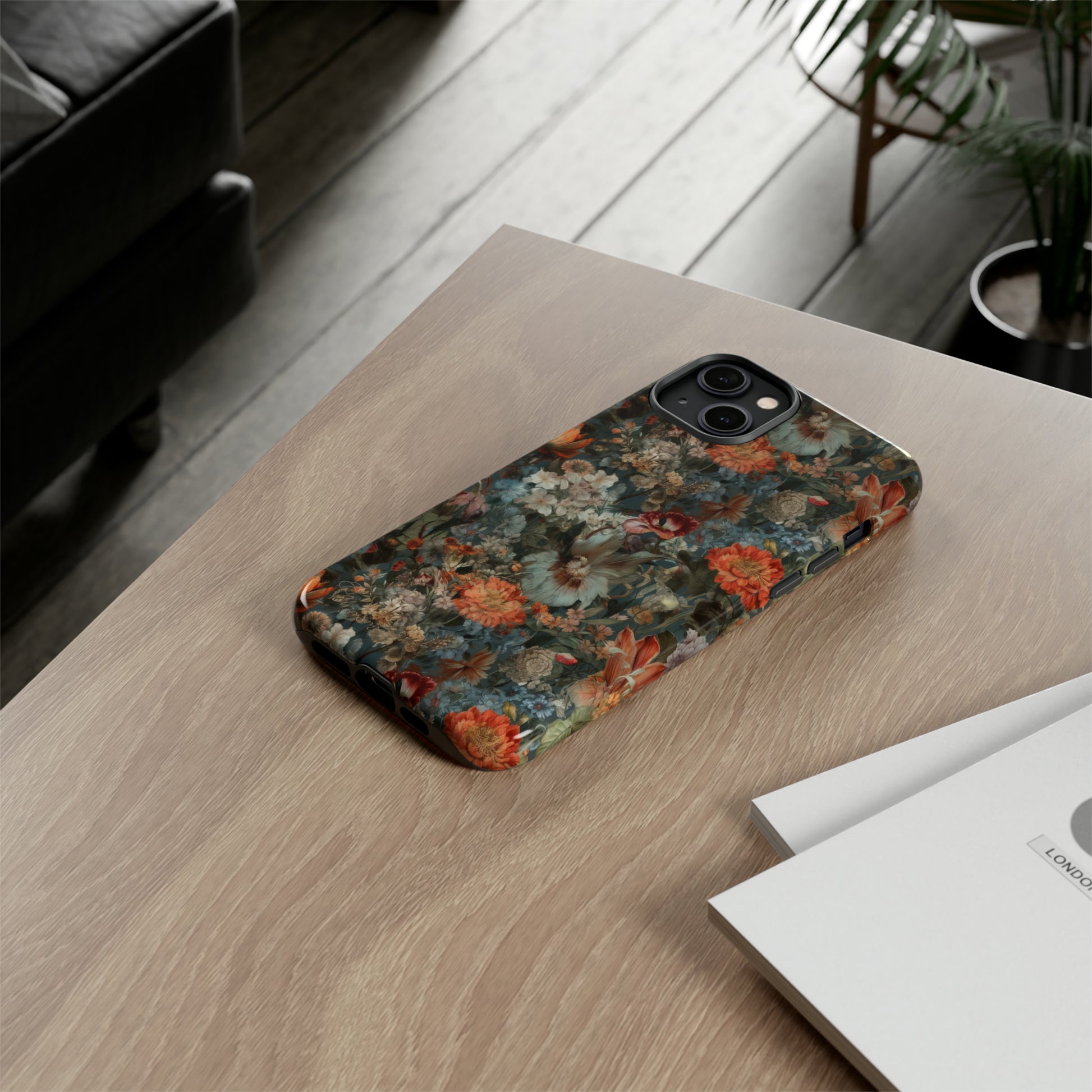 Blooms in Shadows: Botany Floral Dark Flowers iPhone Tough Protective Cover. A captivating blend of Flowers in muted colors, compatible with iPhone 15, 14, 13, XS, XR Pro/Max/Mini/P/Plus. Unleash Nature's Elegance with Durability and Style. #ElizaSinger #PhoneCase #FloralDesign