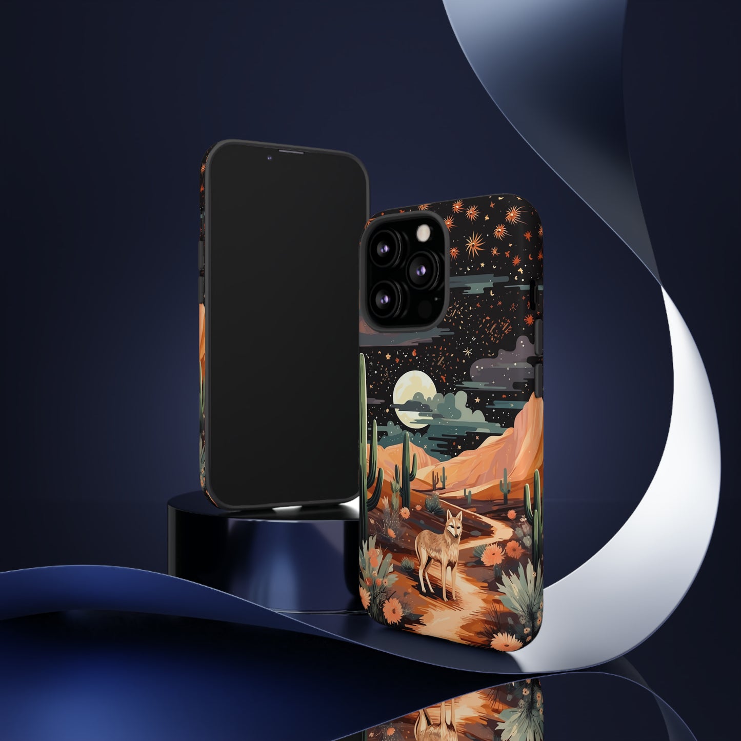 Introducing our Tough Western Cell Phone Case: Twilight Desert Jackal Remix Edition! A variation of our popular design, this edition features a jackal in a desert landscape with a starry night sky and cacti. Get ready for a unique twist on classic rugged protection.