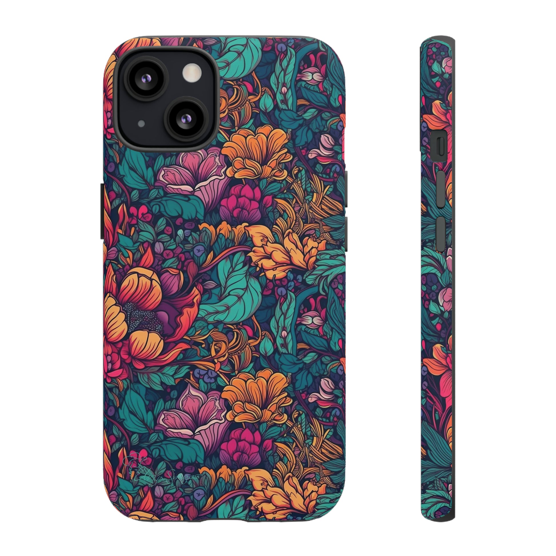 Vibrant Boho Blossoms: iPhone Tough Protective Cover. Featuring a bright abstract floral design, this case adds a touch of Bohemian flair. Compatible with iPhone 15, 14, 13, XS, XR Pro/Max/Mini/P/Plus. Embrace Boho Chic with Style and Durability. #ElizaSinger #PhoneCase #FloralDesign