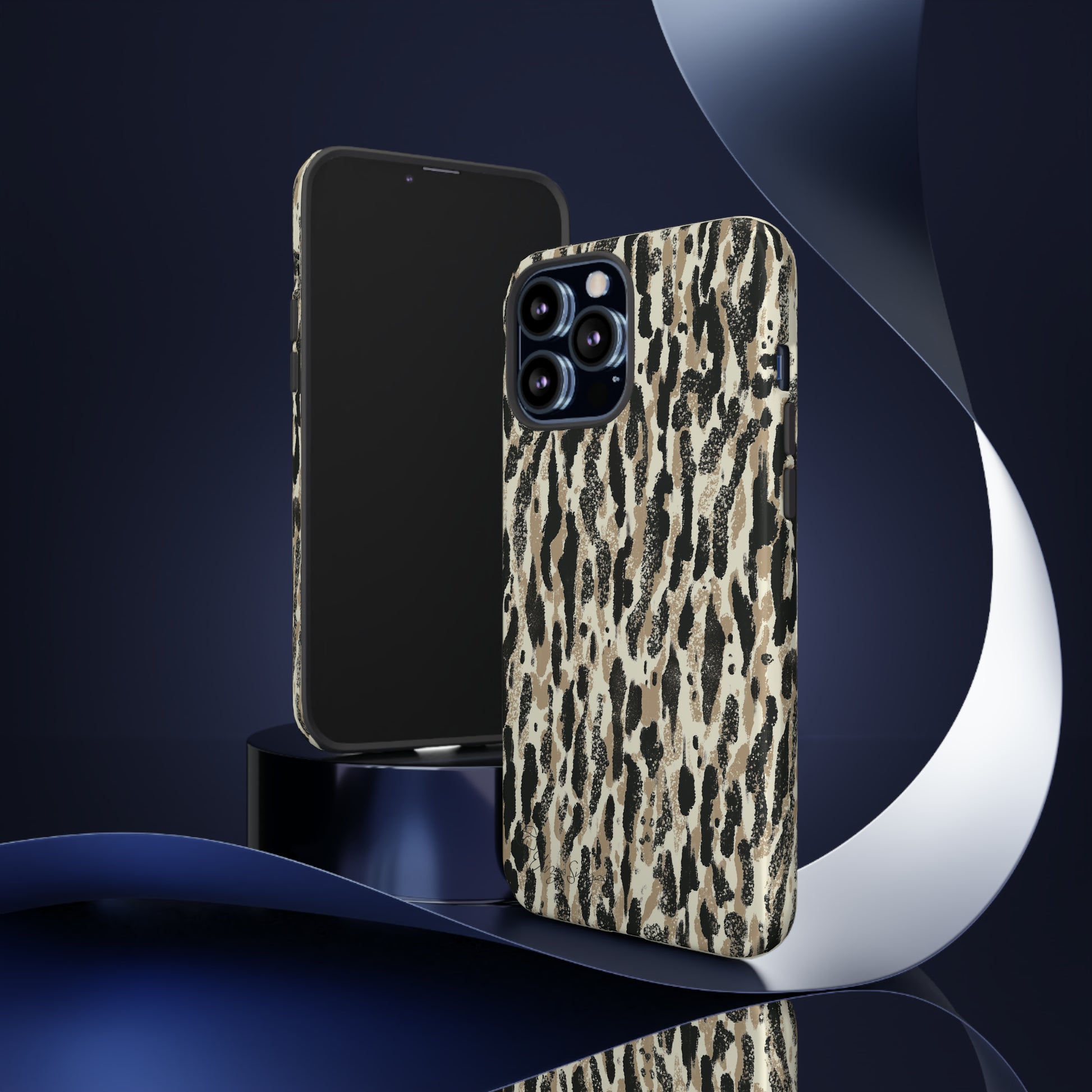 Elevate Your Tech: Abstract Neutral Animal Print iPhone Tough Protective Cover. Leopard-Painted Design in Beige and Black. Compatible with iPhone 15, 14, 13, XS, XR Pro/Max/Mini/P/Plus. Unleash the Wild with Style and Durability. #ElizaSinger #PhoneCase #LeopardPrint 