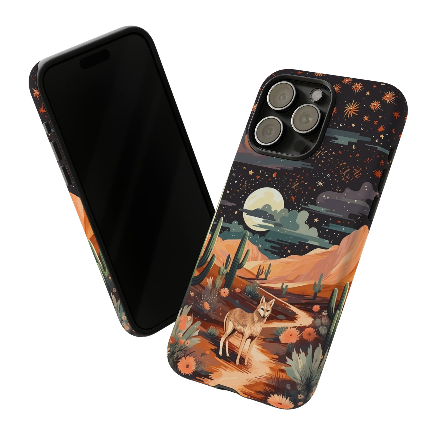Unveiling our Tough Western Cell Phone Case: Stellar Desert Jackal Edition! Embrace the beauty of the night with a jackal in a desert landscape, under a starry sky, surrounded by cacti. This case provides rugged protection with a touch of celestial elegance.
