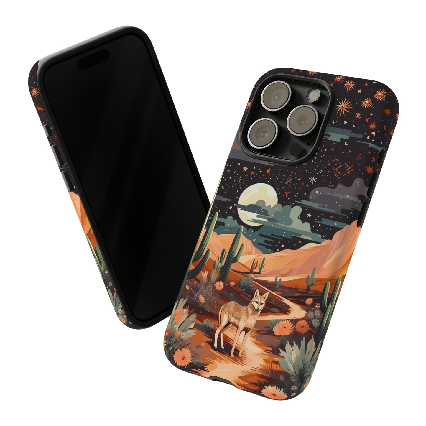 Unveiling our Tough Western Cell Phone Case: Stellar Desert Jackal Edition! Embrace the beauty of the night with a jackal in a desert landscape, under a starry sky, surrounded by cacti. This case provides rugged protection with a touch of celestial elegance.