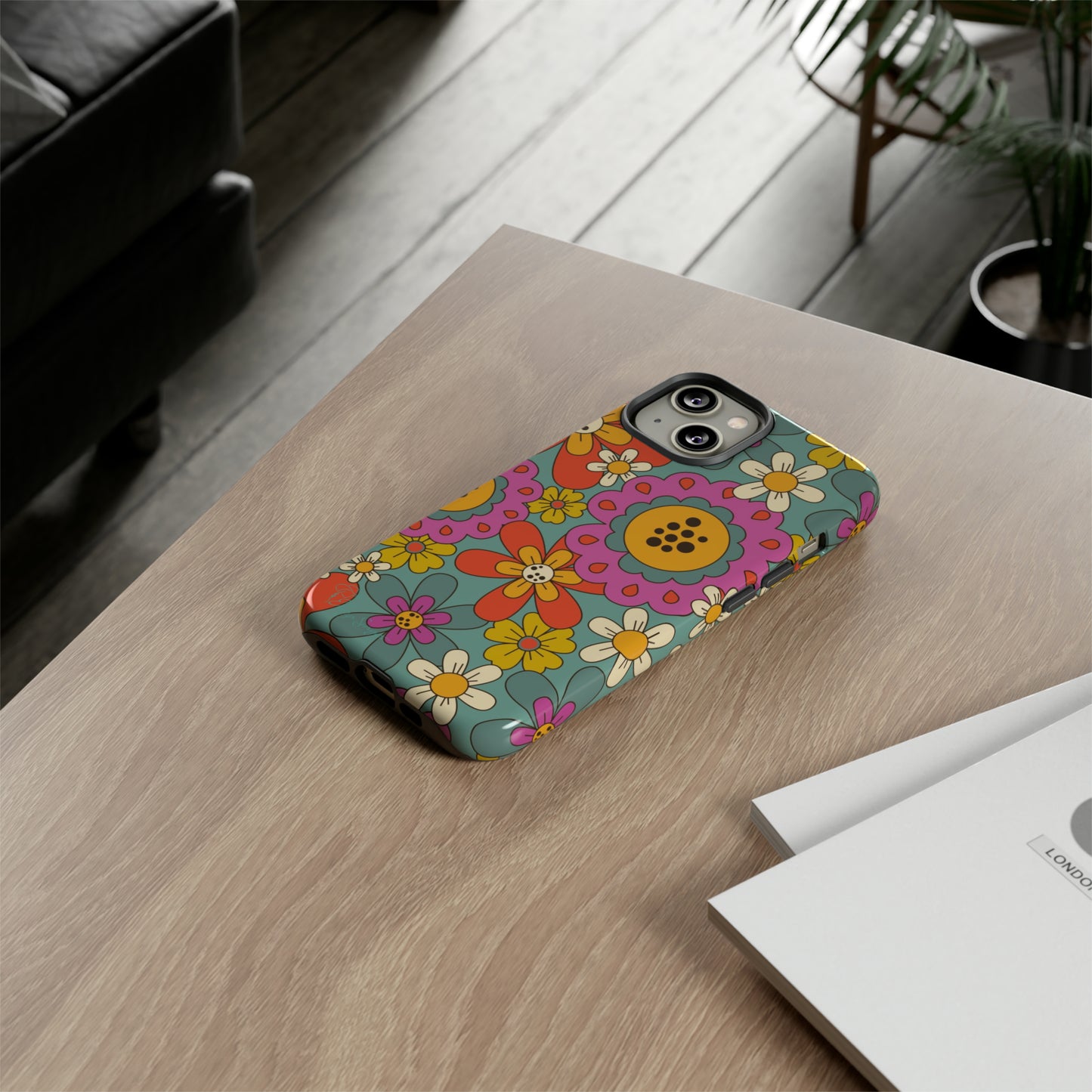 Step into the Groove: Groovy Hippie Hippy Design iPhone Tough Protective Cover. A nod to the 60's with Daisy Design in Turquoise and Pink. Compatible with iPhone 15, 14, 13, XS, XR Pro/Max/Mini/P/Plus. Embrace Retro Vibes with Style and Durability. #ElizaSinger #PhoneCase #GroovyDesign 