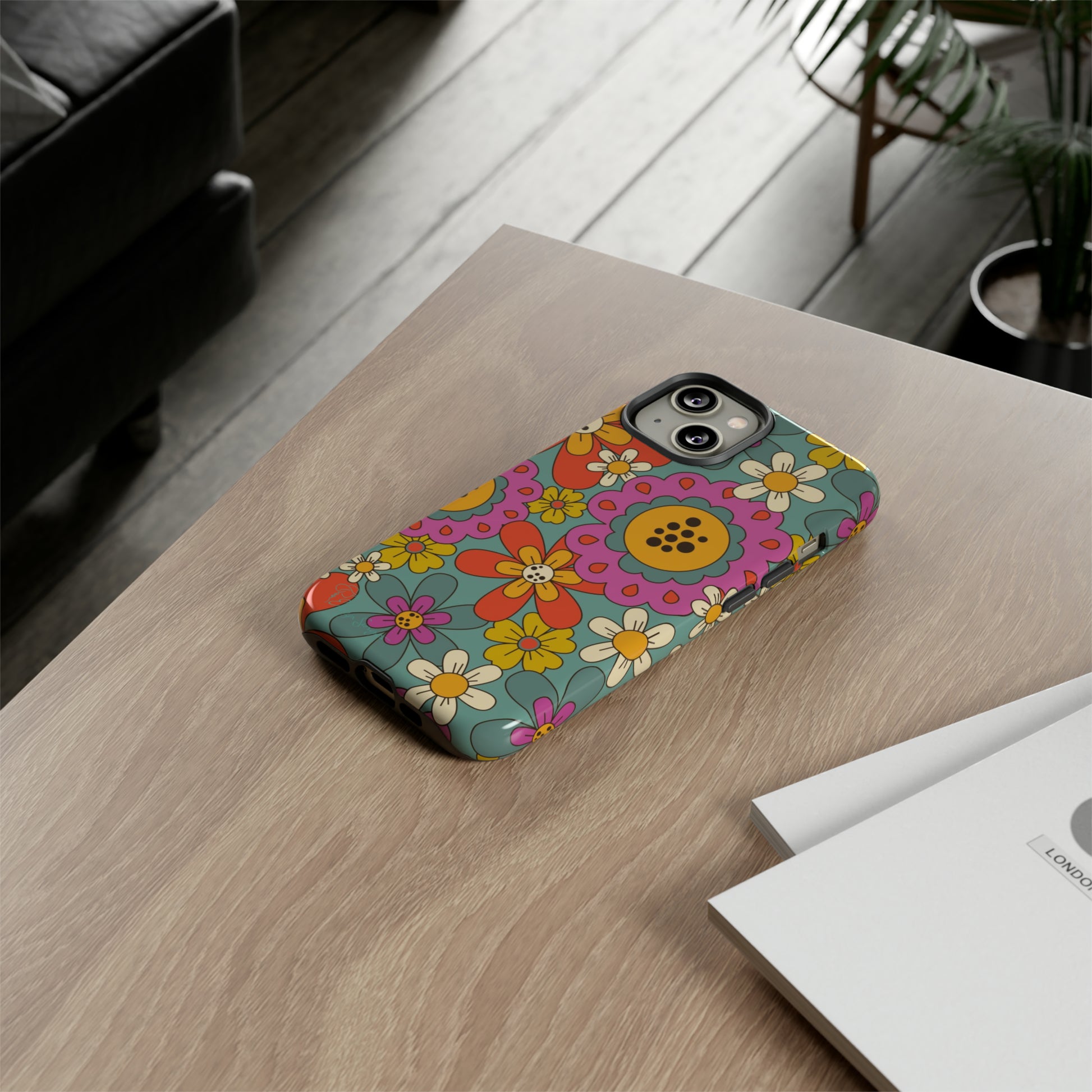 Step into the Groove: Groovy Hippie Hippy Design iPhone Tough Protective Cover. A nod to the 60's with Daisy Design in Turquoise and Pink. Compatible with iPhone 15, 14, 13, XS, XR Pro/Max/Mini/P/Plus. Embrace Retro Vibes with Style and Durability. #ElizaSinger #PhoneCase #GroovyDesign 