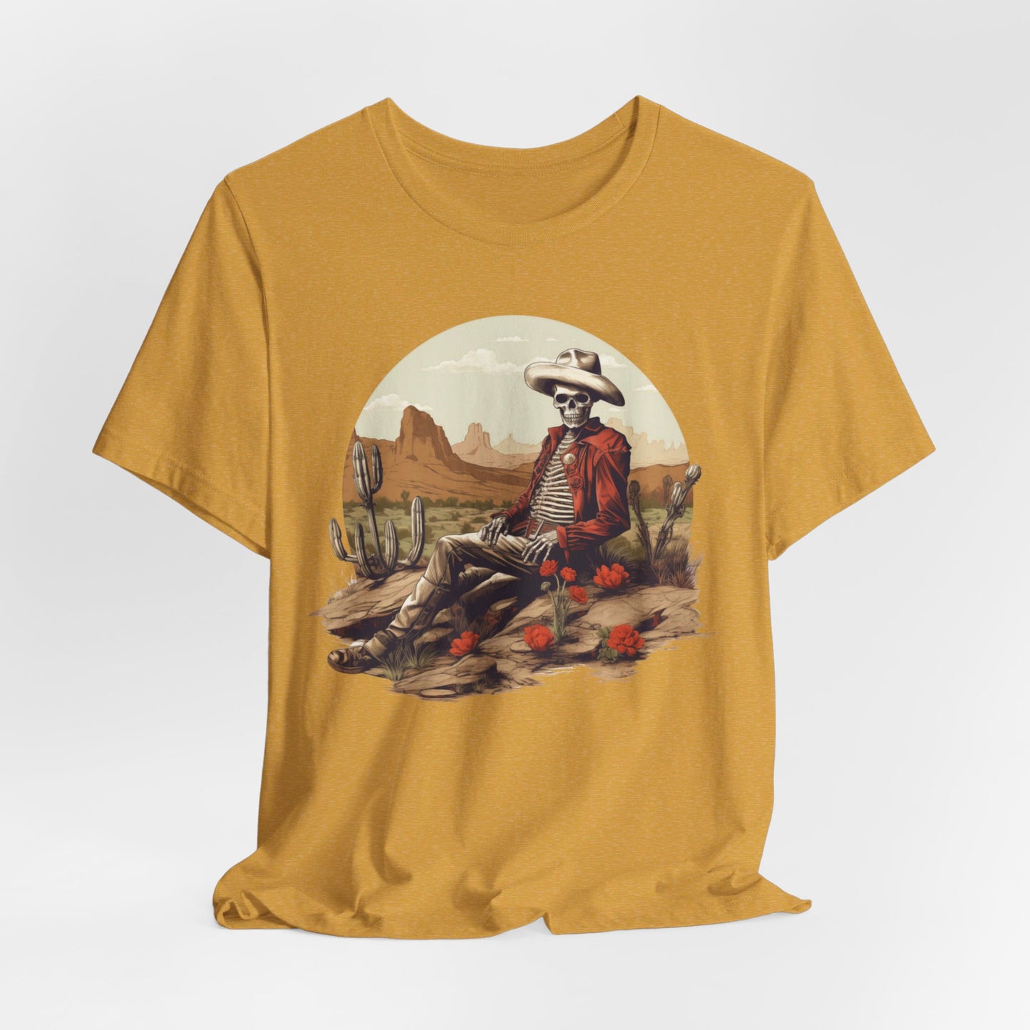Skeleton Cowboy in Desert: Red Blazer Bella Canvas T-shirt