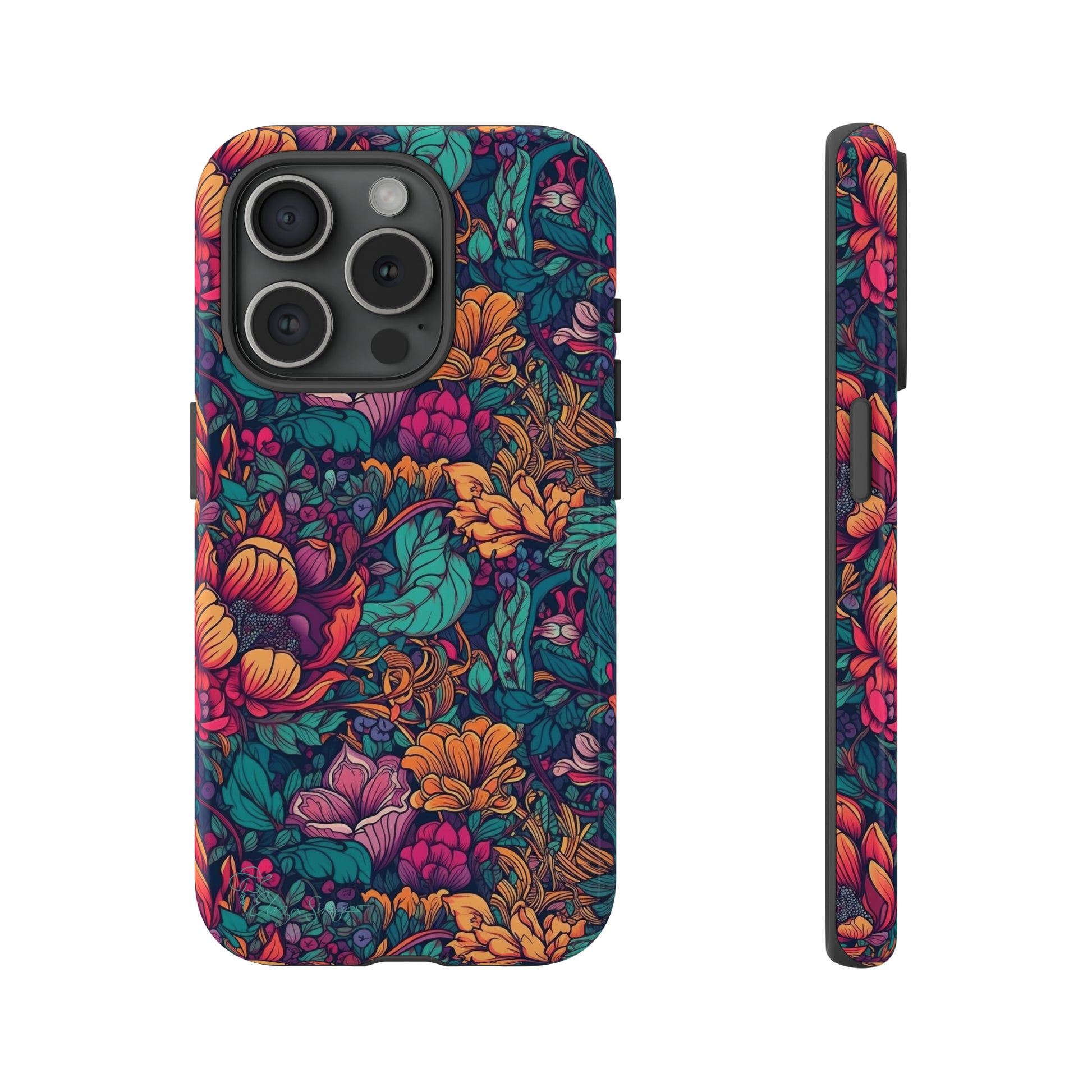 Vibrant Boho Blossoms: iPhone Tough Protective Cover. Featuring a bright abstract floral design, this case adds a touch of Bohemian flair. Compatible with iPhone 15, 14, 13, XS, XR Pro/Max/Mini/P/Plus. Embrace Boho Chic with Style and Durability. #ElizaSinger #PhoneCase #FloralDesign