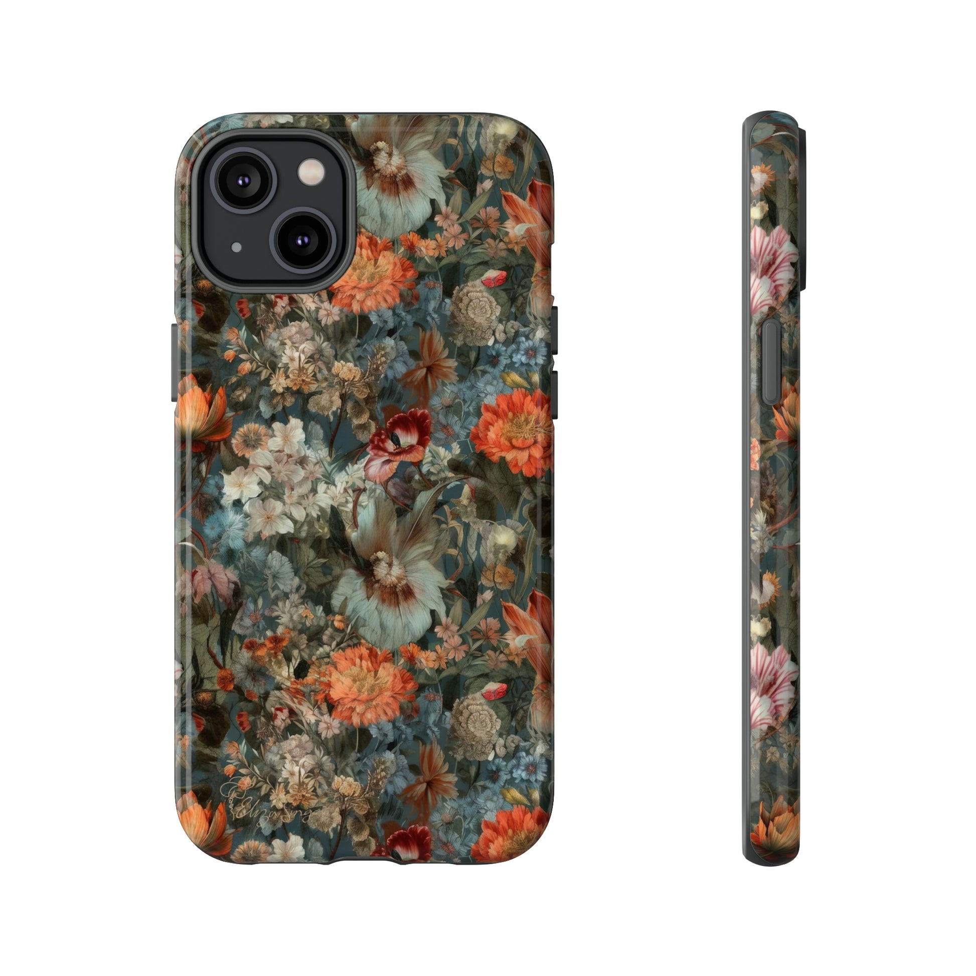 Blooms in Shadows: Botany Floral Dark Flowers iPhone Tough Protective Cover. A captivating blend of Flowers in muted colors, compatible with iPhone 15, 14, 13, XS, XR Pro/Max/Mini/P/Plus. Unleash Nature's Elegance with Durability and Style. #ElizaSinger #PhoneCase #FloralDesign