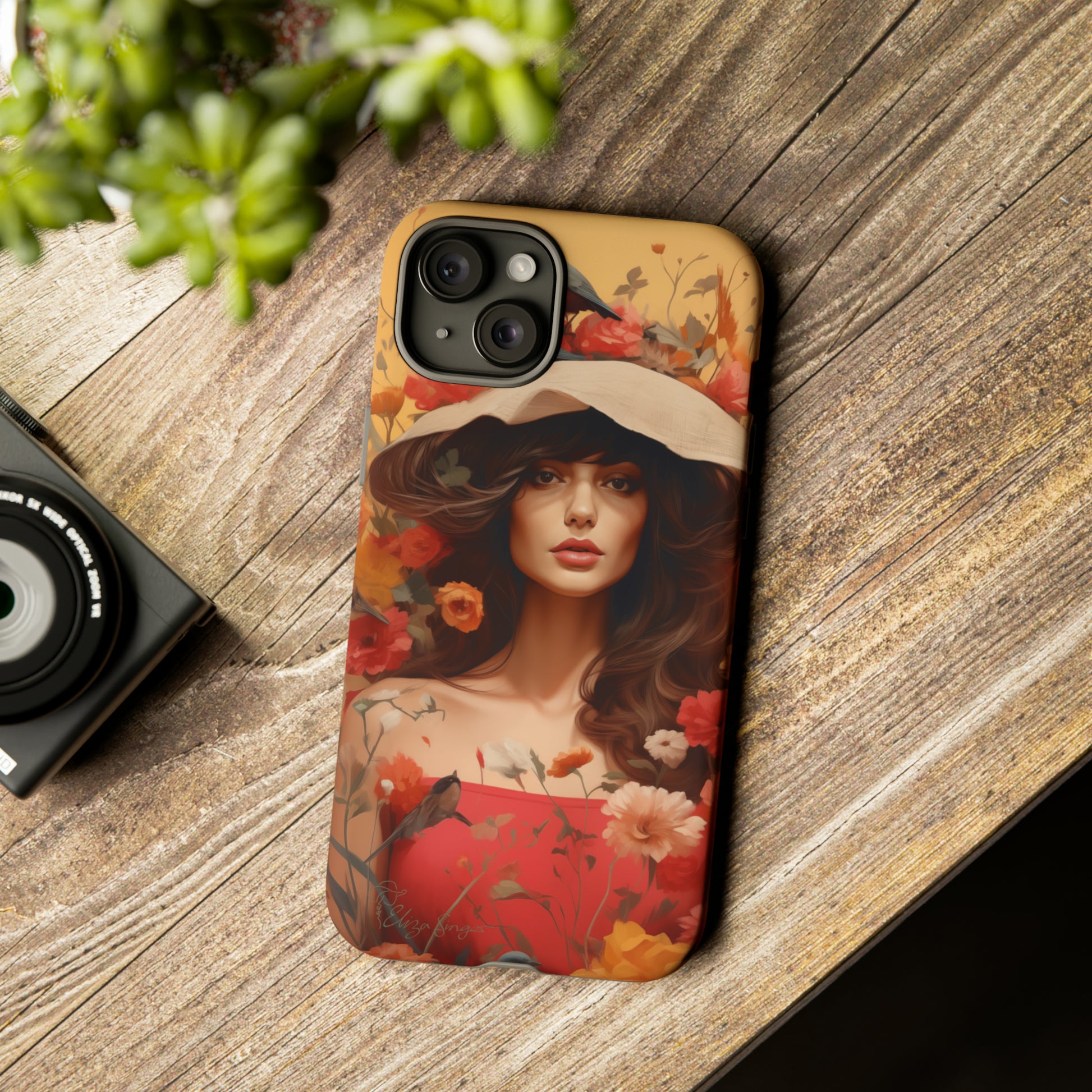 Bask in Sunshine: Embrace the warmth with our Tough Cell Phone Case. A yellow backdrop and a woman in a hat surrounded by flowers create a radiant design. Experience the perfect blend of style and protection, bringing sunshine into your everyday. Elevate your phone with a burst of brightness. #ElizaSinger #PhoneCase #SunshineRadiance