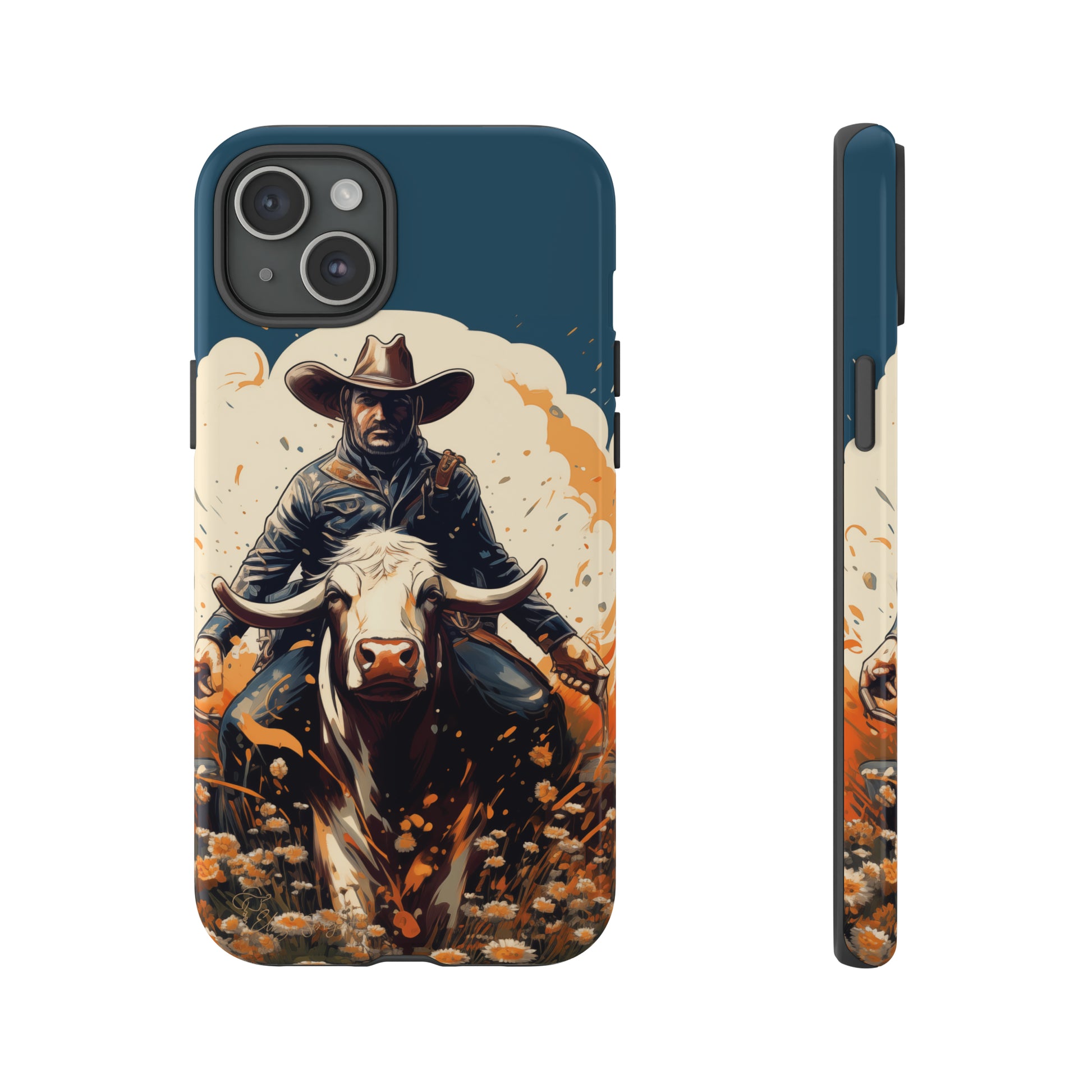 Time-Tested Charm: Immerse yourself in the charm of yesteryear with our Tough Cell Phone Case. Featuring a cowboy on a cow in a field of flowers, this design exudes retro vibes. Experience the perfect blend of vintage style and durable protection. Elevate your phone with a touch of timeless allure. #ElizaSinger #PhoneCase #VintageCharm