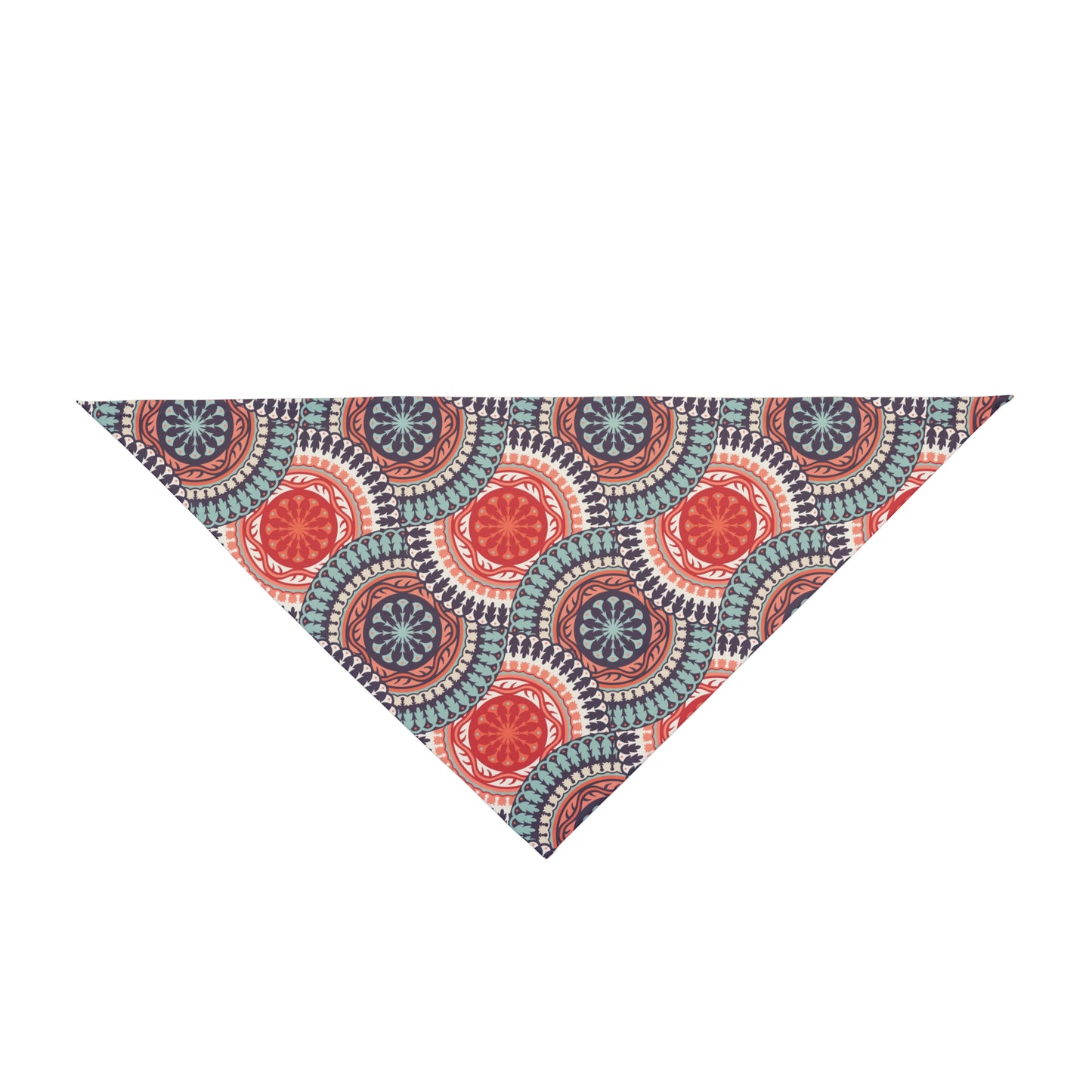 Step into a world of Western elegance with our Western Charm Dog Bandana/Wild Rag. The muted mandala-style design, almost resembling a Western concho, in colors of turquoise, coral, and dark purple creates a visually stunning and sophisticated accessory. Crafted from soft-spun polyester, this bandana/wild rag ensures both comfort