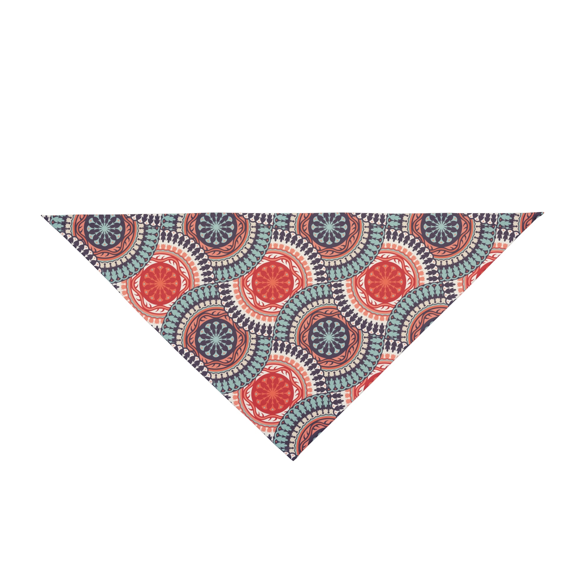 Step into a world of Western elegance with our Western Charm Dog Bandana/Wild Rag. The muted mandala-style design, almost resembling a Western concho, in colors of turquoise, coral, and dark purple creates a visually stunning and sophisticated accessory. Crafted from soft-spun polyester, this bandana/wild rag ensures both comfort