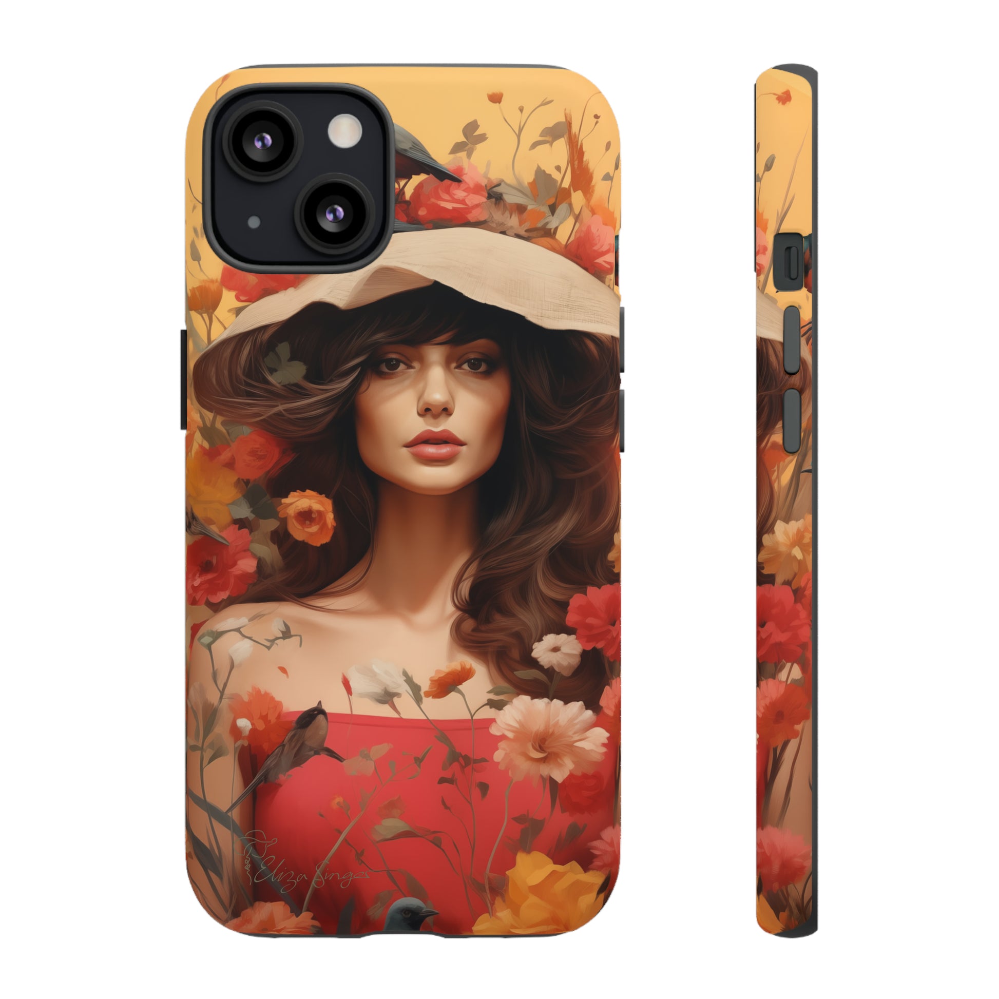 Bask in Sunshine: Embrace the warmth with our Tough Cell Phone Case. A yellow backdrop and a woman in a hat surrounded by flowers create a radiant design. Experience the perfect blend of style and protection, bringing sunshine into your everyday. Elevate your phone with a burst of brightness. #ElizaSinger #PhoneCase #SunshineRadiance