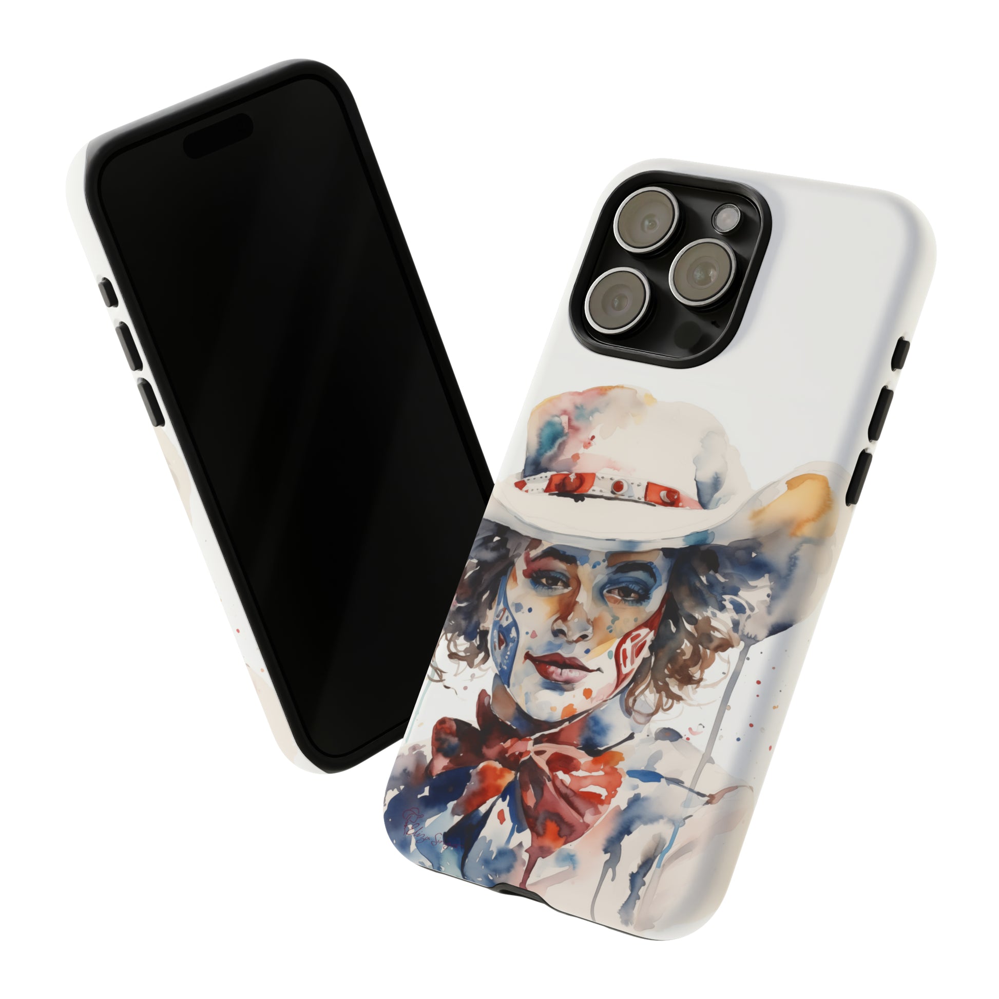 Presenting our Tough Western Cell Phone Case: Rodeo Clown Watercolor Gal Edition! This one-of-a-kind design showcases a vibrant watercolor portrayal of a woman as a rodeo clown on a white background. Enjoy the fusion of artistry and robust phone protection.