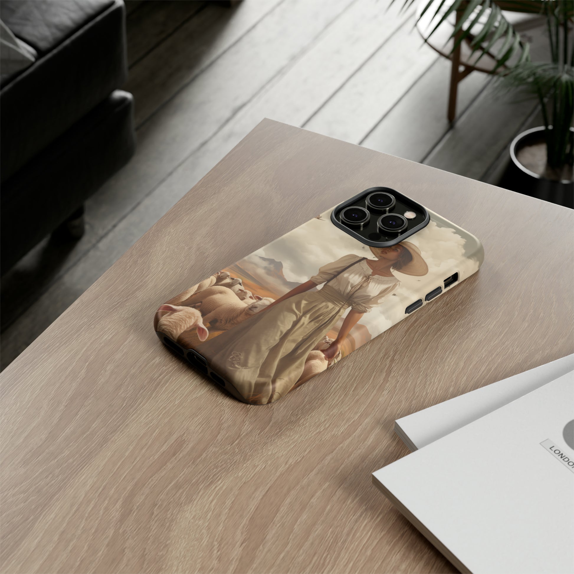 Immerse yourself in a dreamy landscape with our Tough Western Cell Phone Case showcasing a vintage painted design of a woman wearing a hat, walking through a prairie landscape with sheep behind her. Experience the magic of the past with this edition.