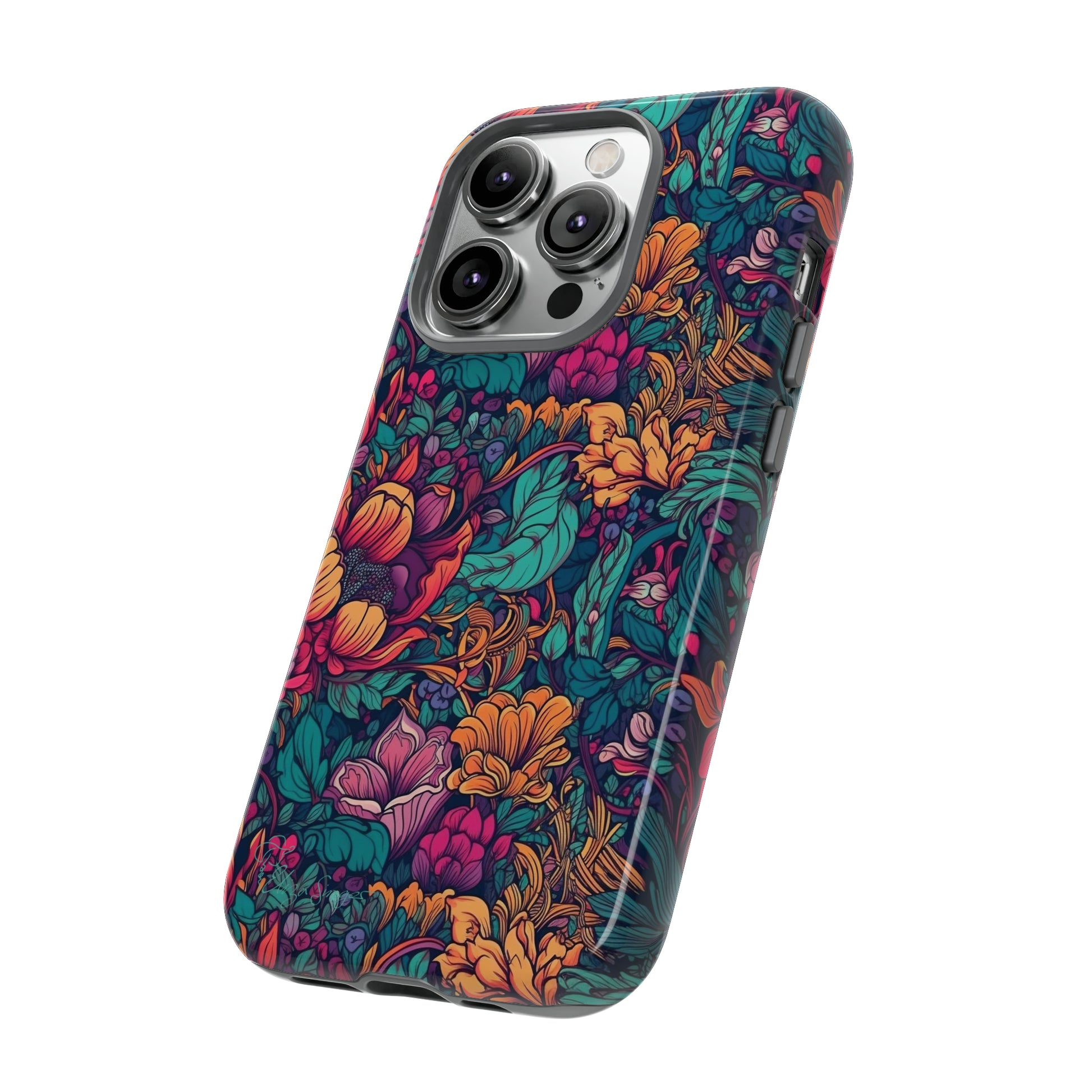 Vibrant Boho Blossoms: iPhone Tough Protective Cover. Featuring a bright abstract floral design, this case adds a touch of Bohemian flair. Compatible with iPhone 15, 14, 13, XS, XR Pro/Max/Mini/P/Plus. Embrace Boho Chic with Style and Durability. #ElizaSinger #PhoneCase #FloralDesign