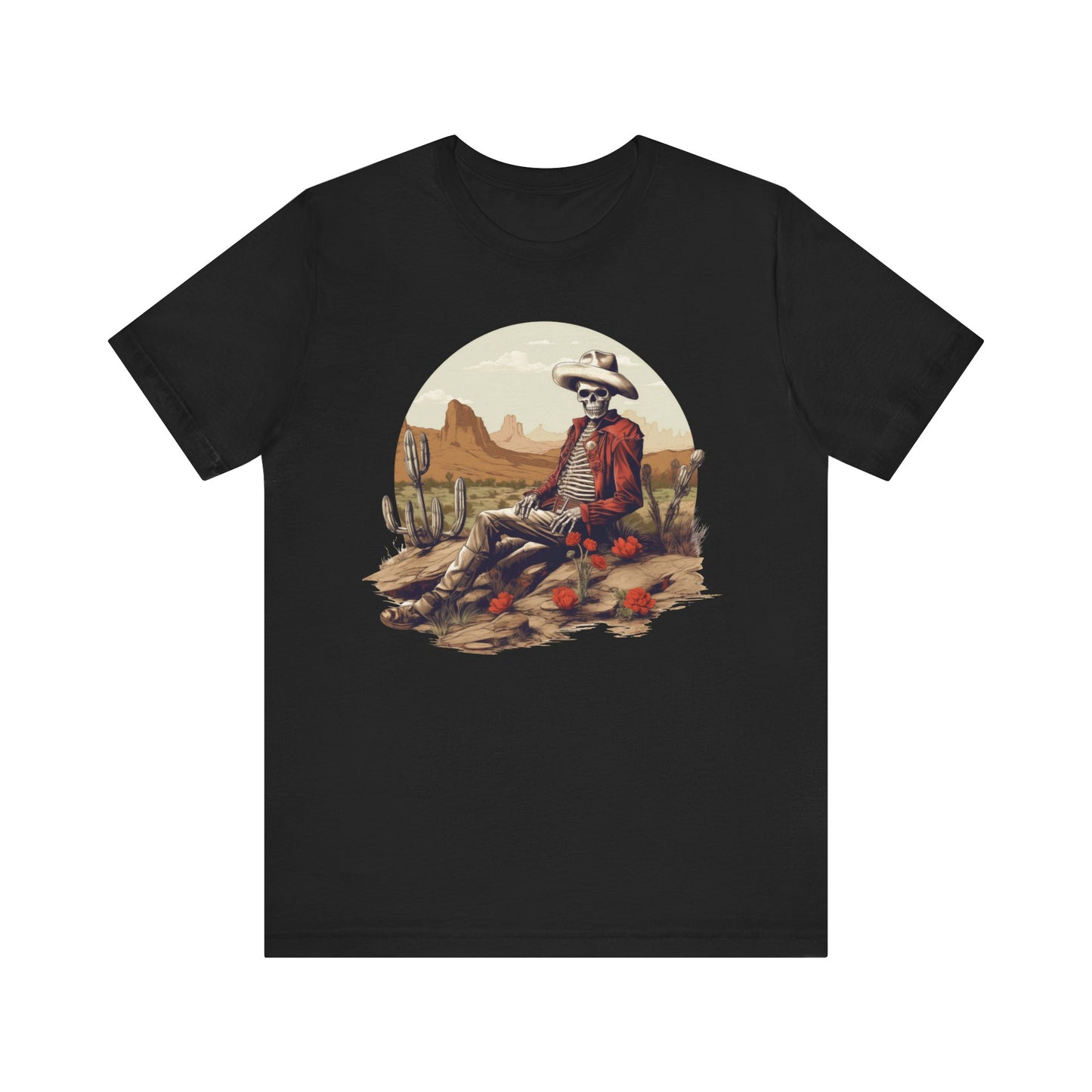 Skeleton Cowboy in Desert: Red Blazer Bella Canvas T-shirt