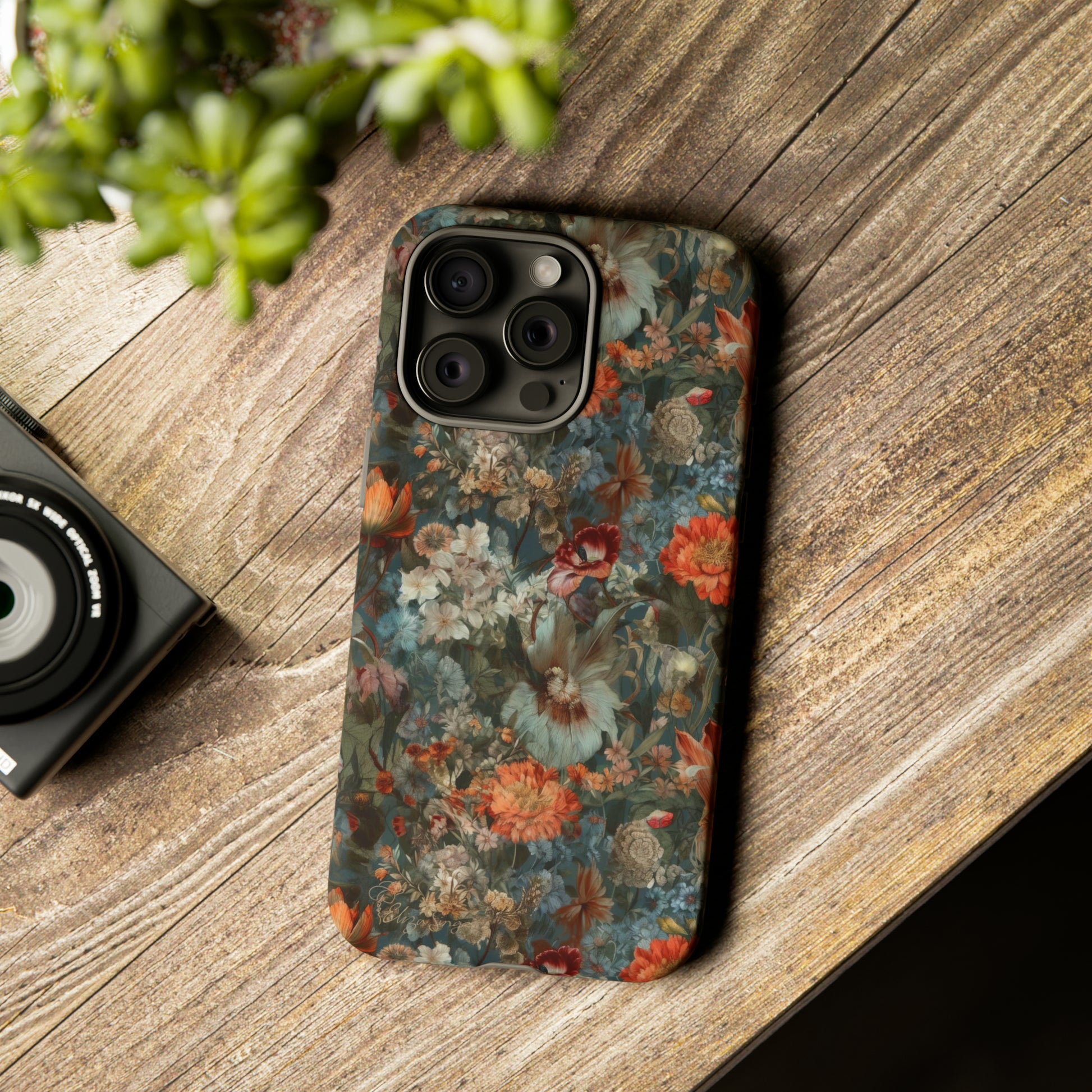 Blooms in Shadows: Botany Floral Dark Flowers iPhone Tough Protective Cover. A captivating blend of Flowers in muted colors, compatible with iPhone 15, 14, 13, XS, XR Pro/Max/Mini/P/Plus. Unleash Nature's Elegance with Durability and Style. #ElizaSinger #PhoneCase #FloralDesign